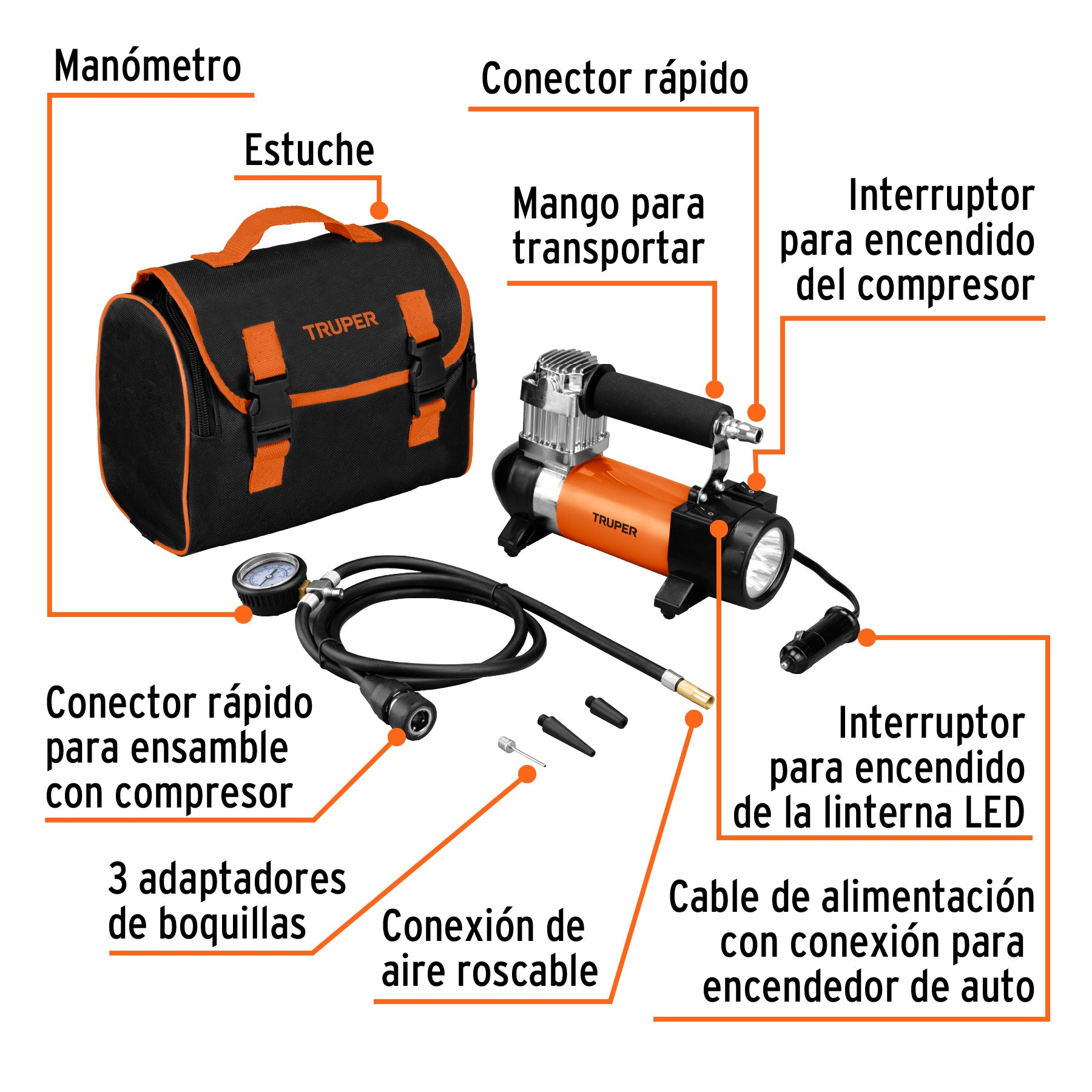 Compresor de aire 12 V portátil, para auto, incluye maletín - 19999