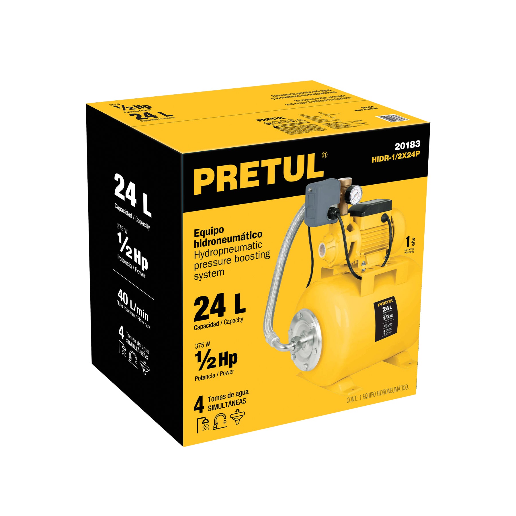 Equipo hidroneumático 24L, bomba periférica 1/2 HP, PRETUL - 20183