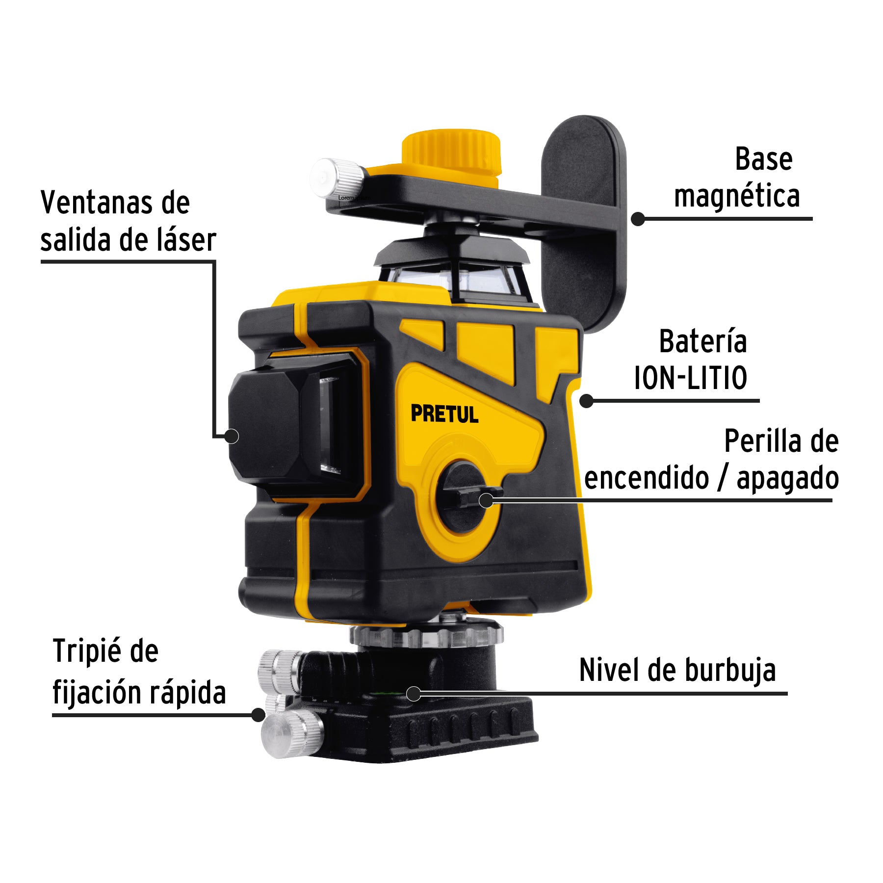 Nivel láser verde, alcance 25m, 12 líneas, recargable,PRETUL - 29005