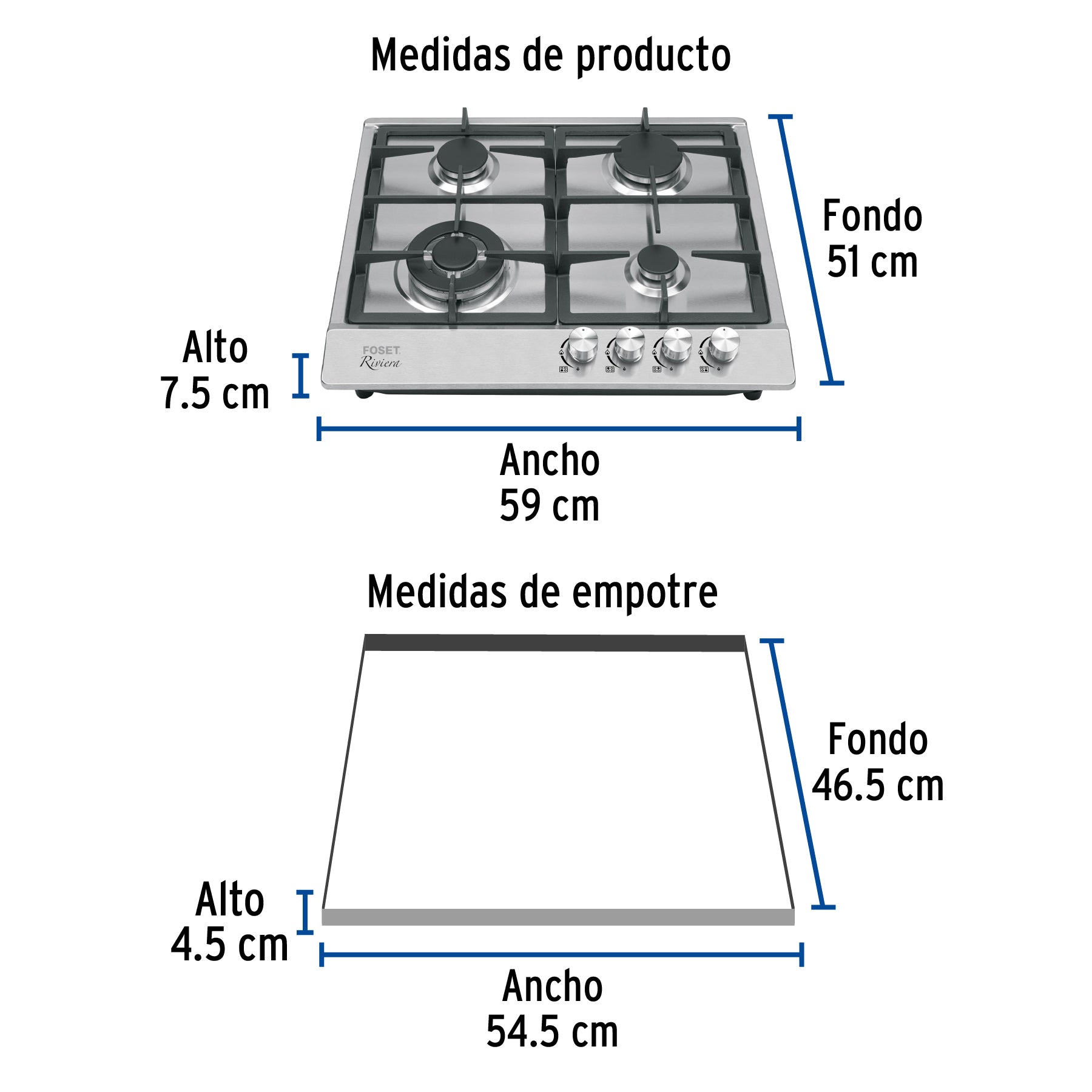 Parrilla gas empotrable 60cm, 4 quem, acero inox, RIVIERA - 48406