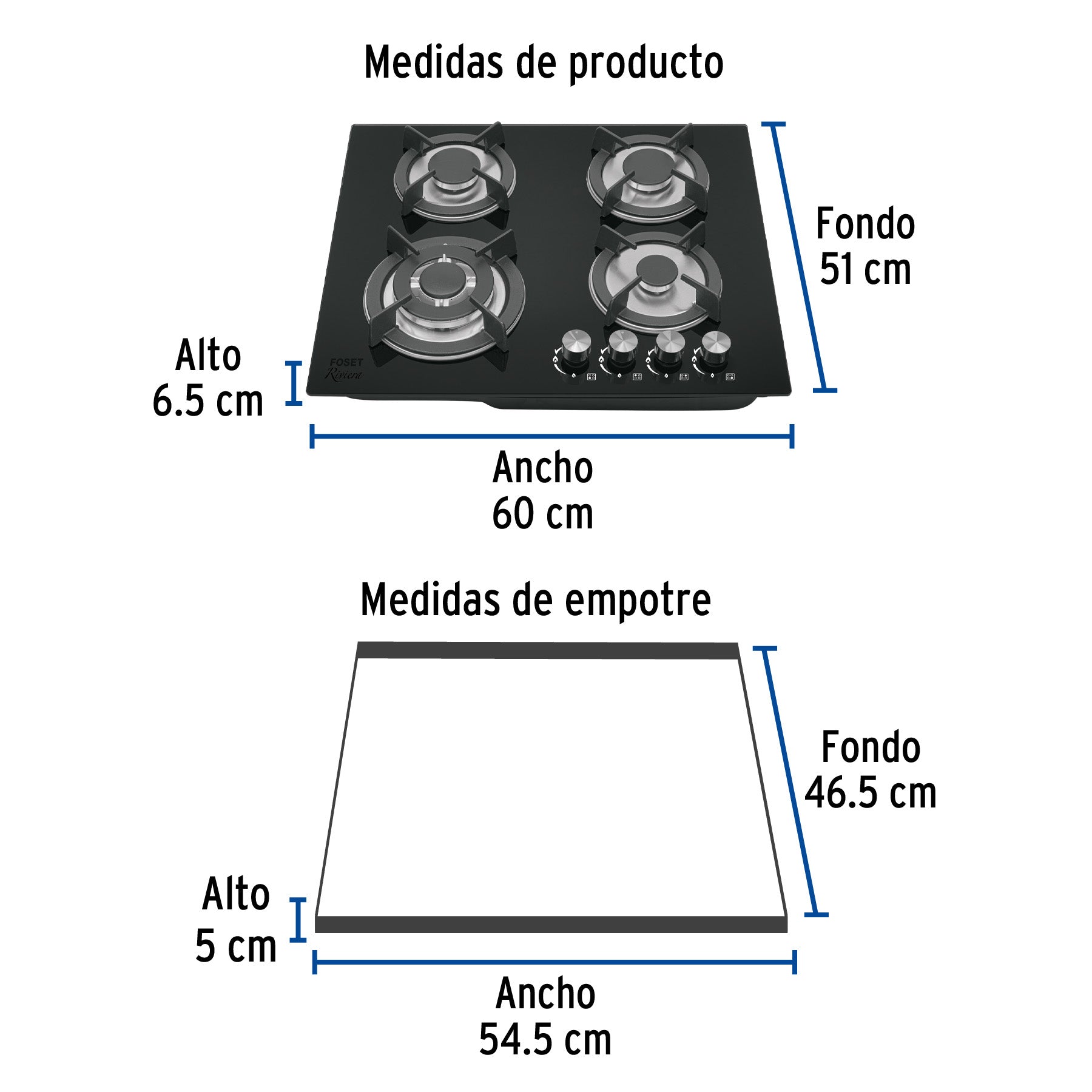 Parrilla gas empotrable 60cm, 4 quem, vidrio negro, RIVIERA - 48408