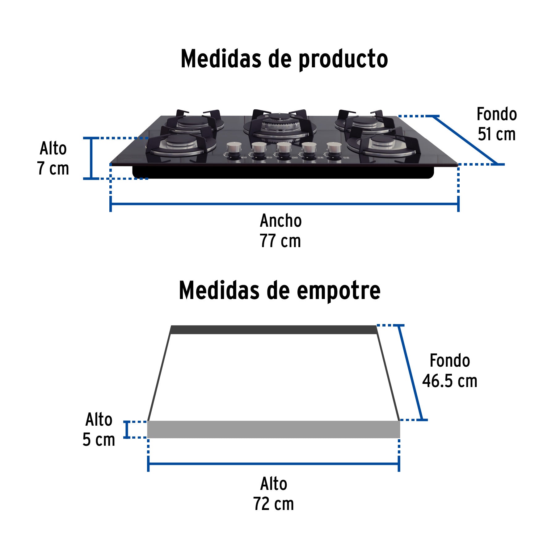 Parrilla gas empotrable 75cm, 5 quem, vidrio negro, RIVIERA - 48409
