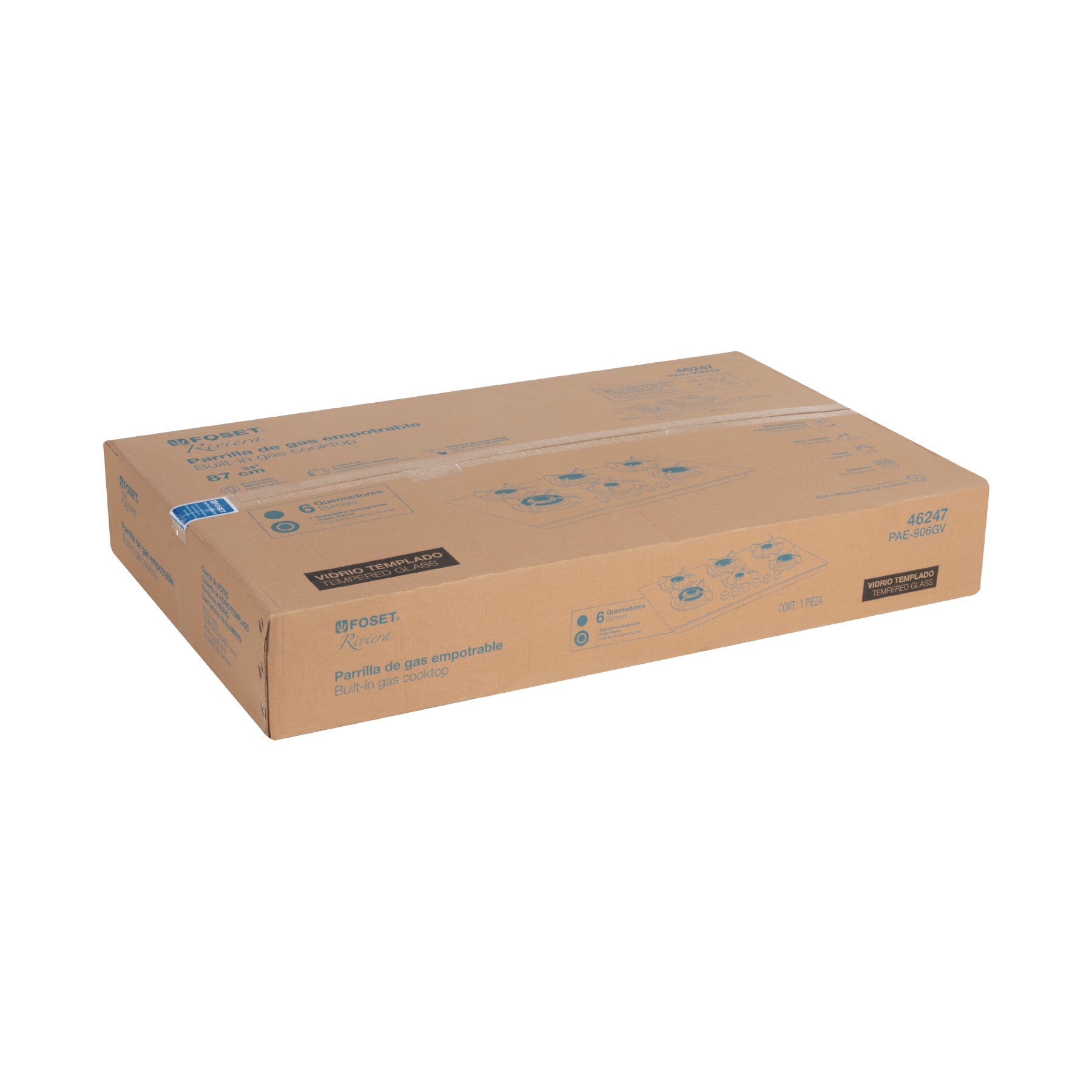 Parrilla gas empotrable 90cm, 6 quem, vidrio negro, RIVIERA - 46247
