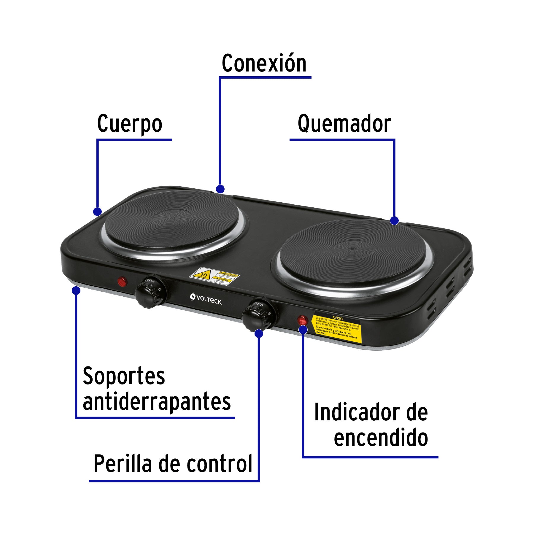 Parrilla eléctrica 2 quemadores de disco, negra, VOLTECK - 47553