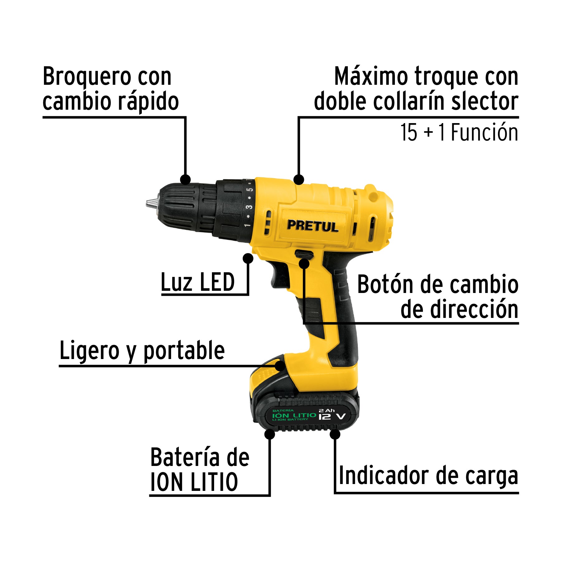 Taladro 3/8", 12V, 1 batería 2Ah, PRETUL - 29975