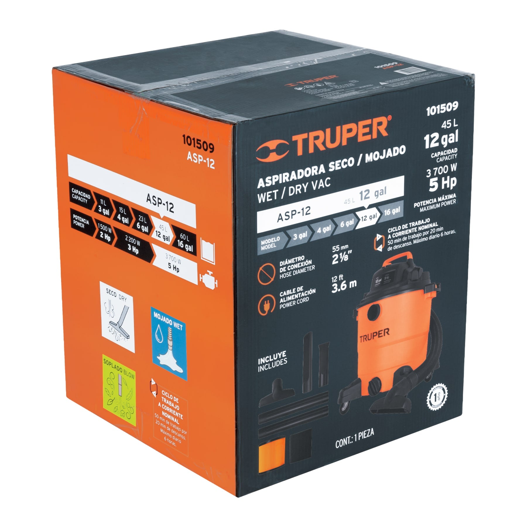 Aspiradora de sólidos y líquidos, 12 gal, plástica, TRUPER - 101509
