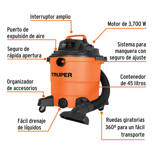 Aspiradora de sólidos y líquidos, 12 gal, plástica, TRUPER - 101509