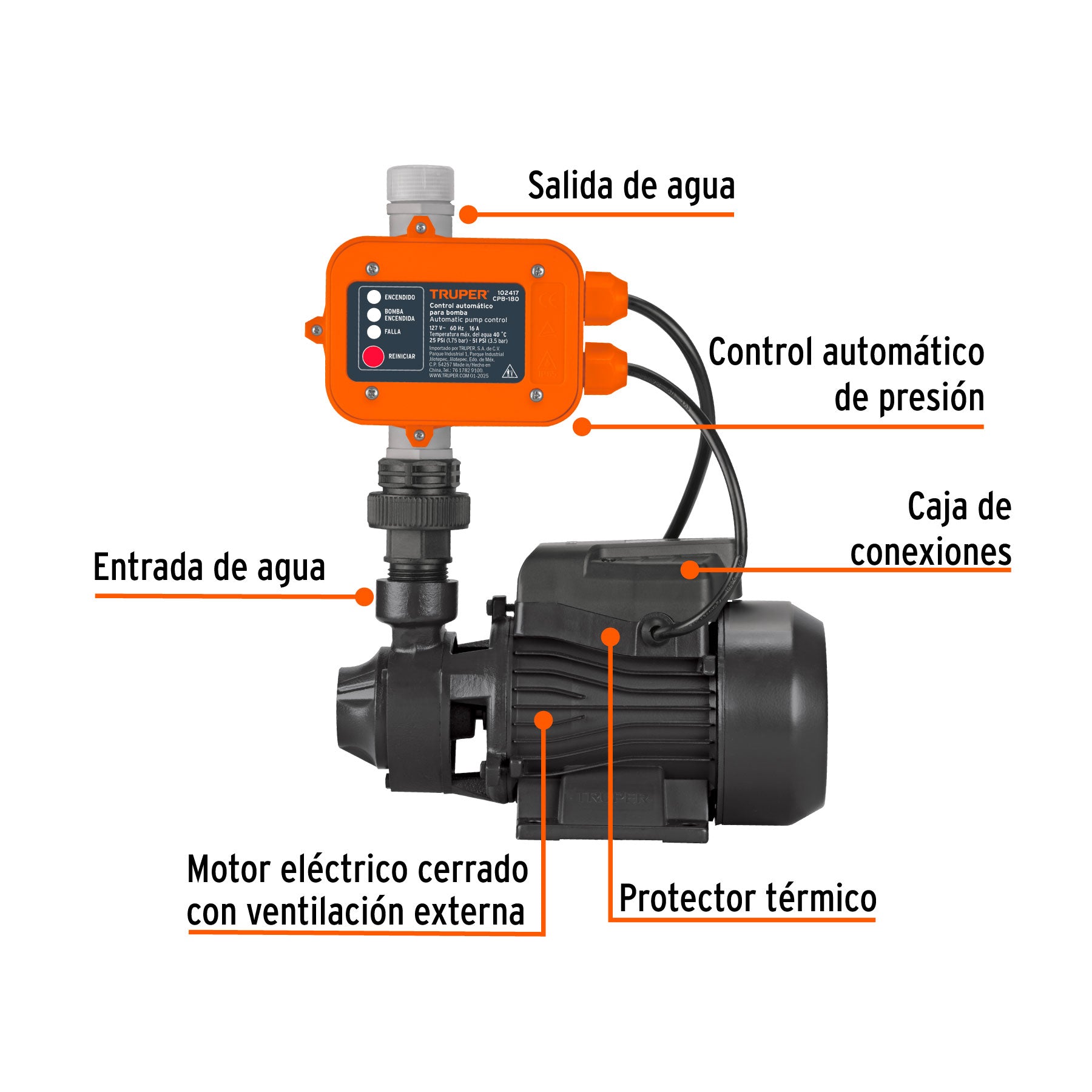 Bomba periférica 1/2HP, control auto, uso agrícola, TRUPER - 103779