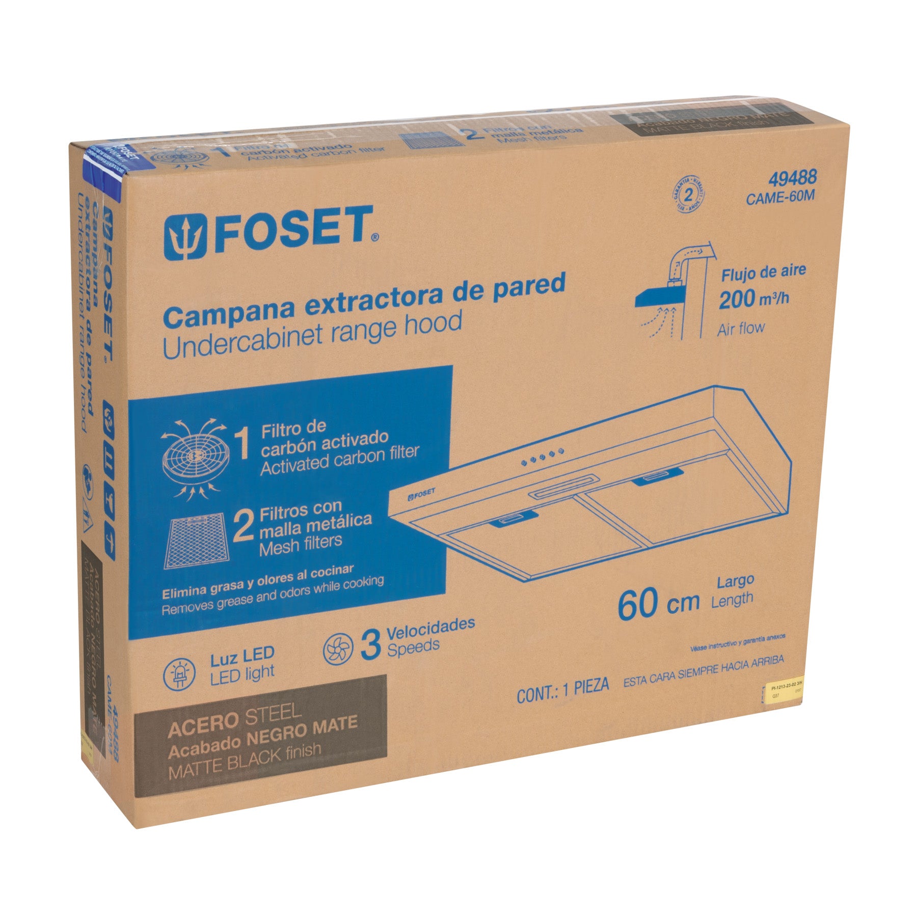 Campana extractora 60 cm, empotrable, negra, FOSET - 49488