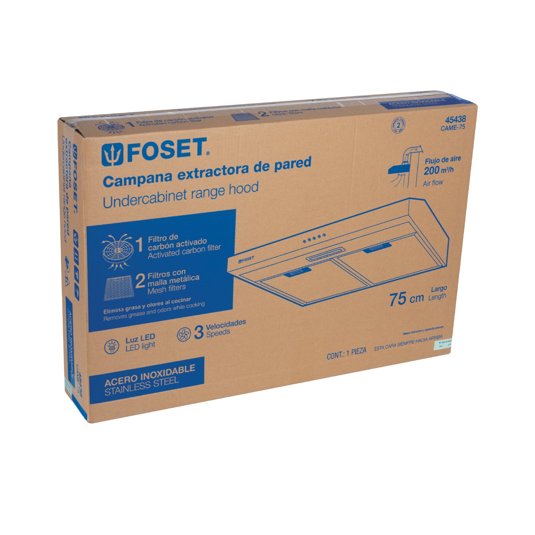 Campana extractora 75cm, empotrable, acero inoxidable, FOSET - 45438