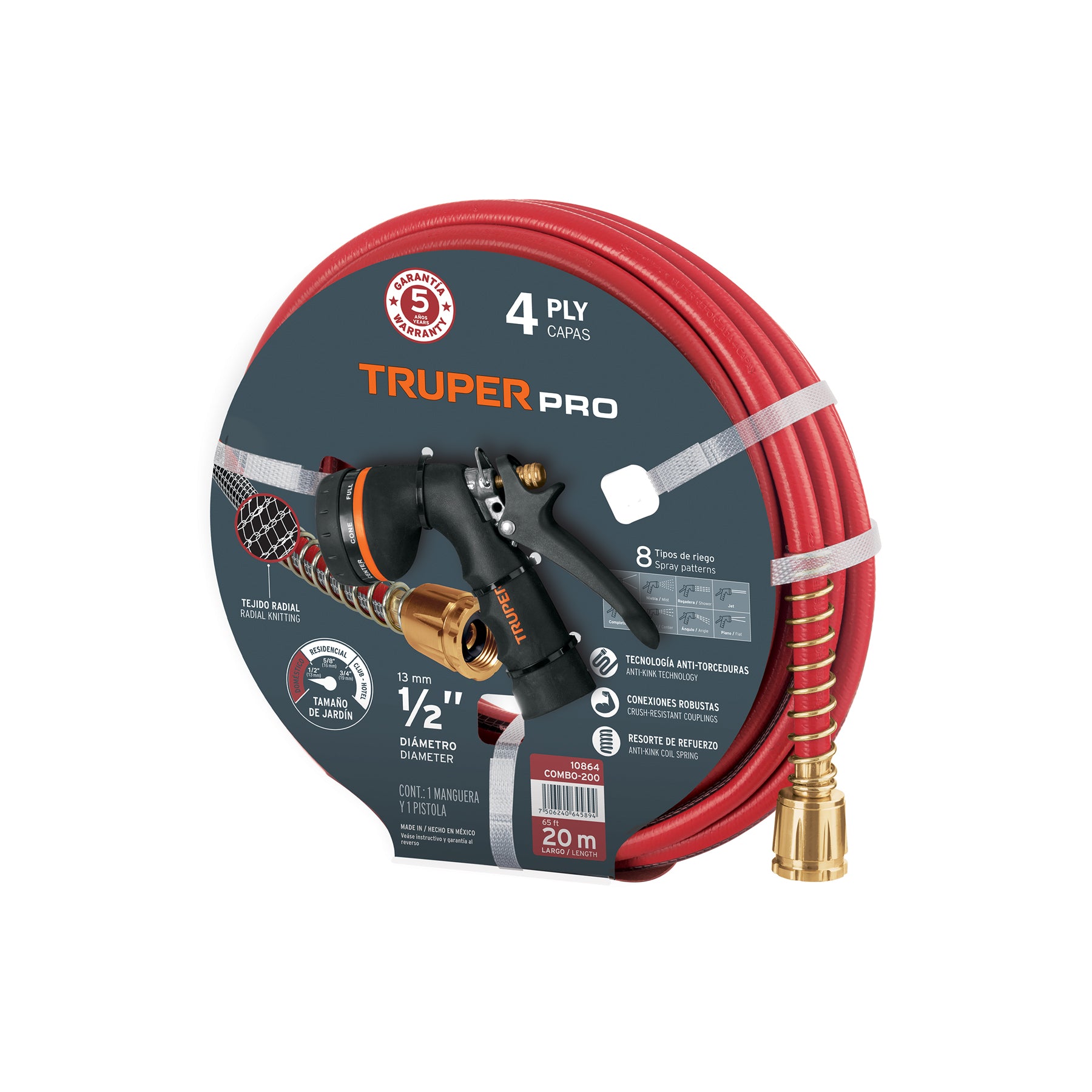 Combo manguera MAN-20X1/2X y pistola de riego PR-208, Truper - 10864