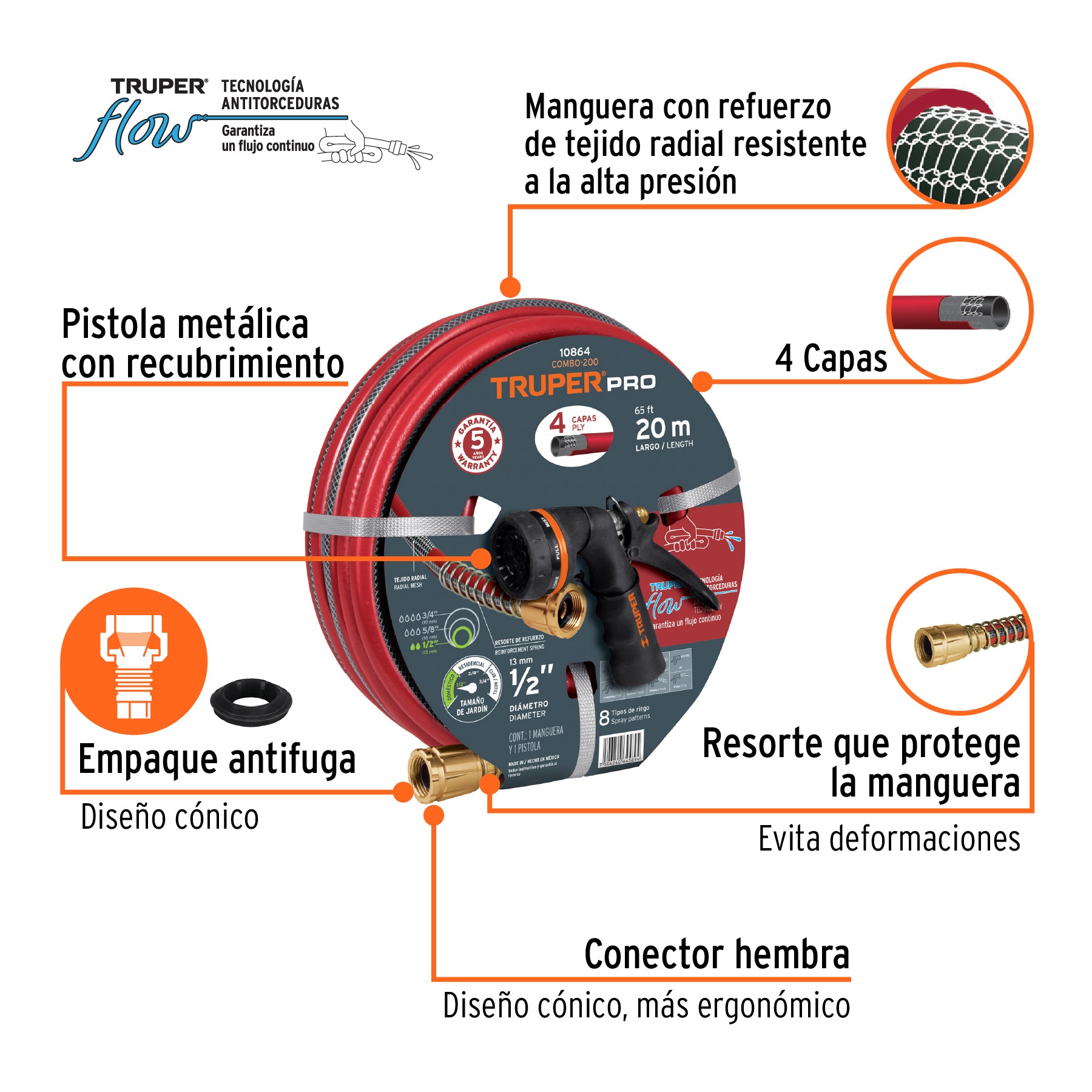 Combo manguera MAN-20X1/2X y pistola de riego PR-208, Truper - 10864