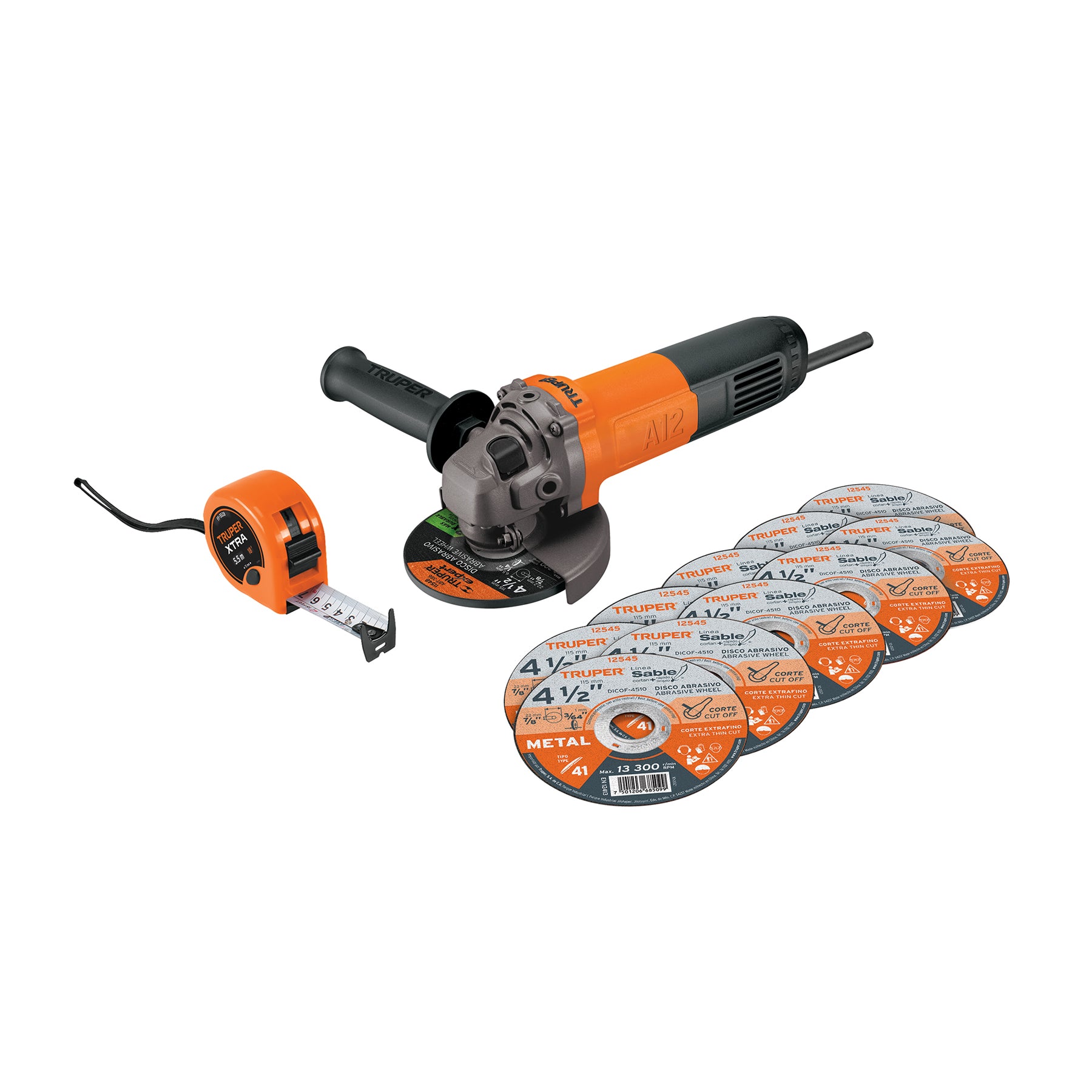 Combo esmeriladora 4-1/2", 700W, discos y flexómetro, PRO - 101526