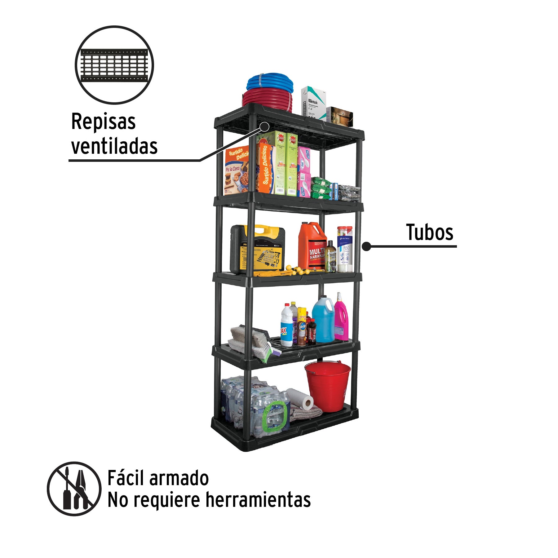 Estante plástico 5 repisas cap. 35 Kg, 180x44x92, PRETUL - 20614