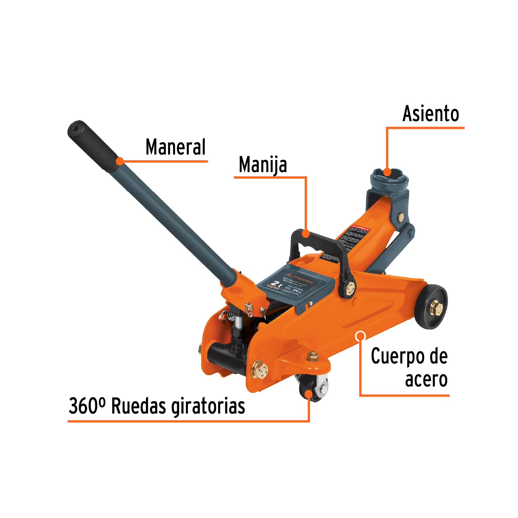 Gato hidráulico de patín 2t, 30 movimientos, maletín, Truper - 14804