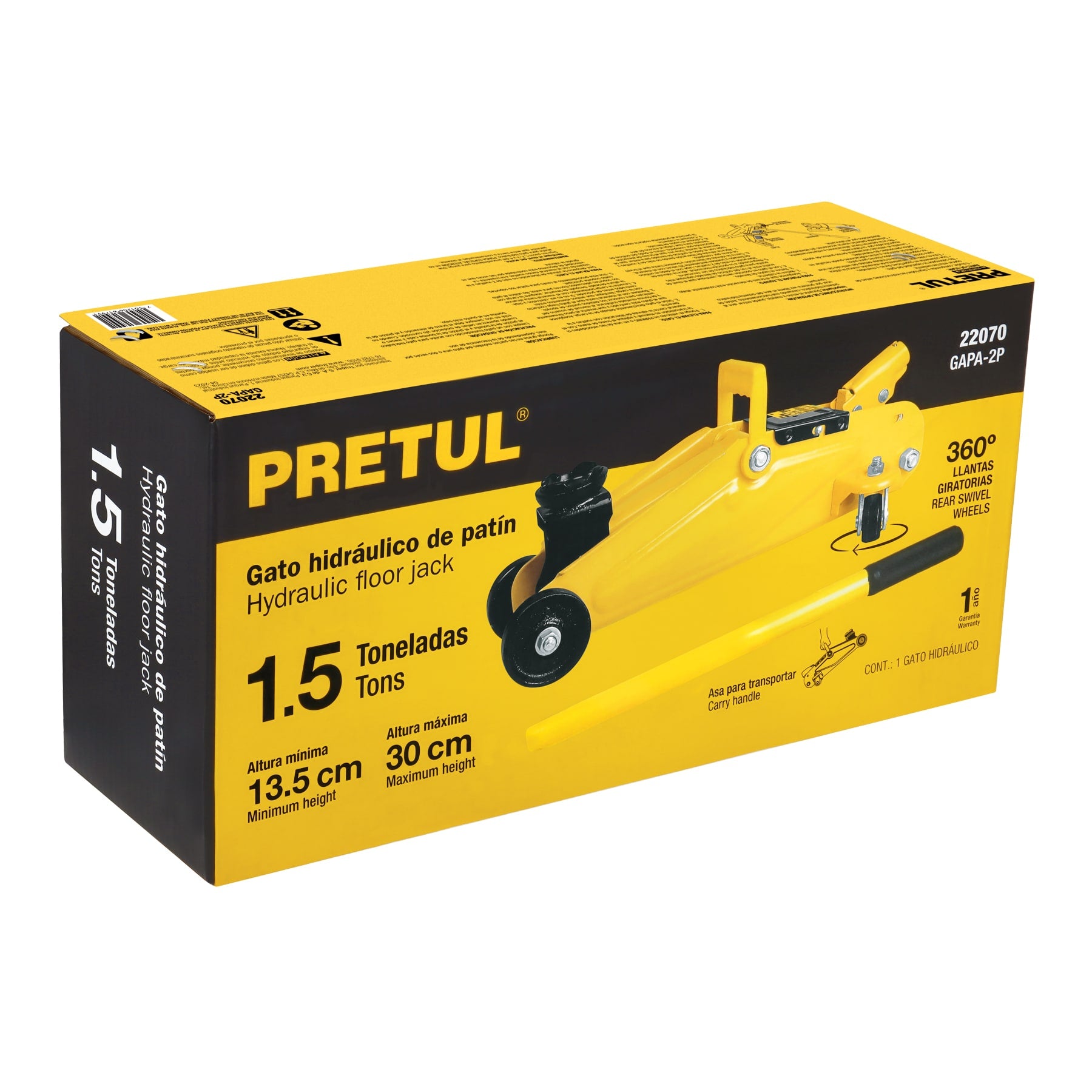 Gato hidráulico de patín 1.5t, 32 movimientos, Pretul - 22070
