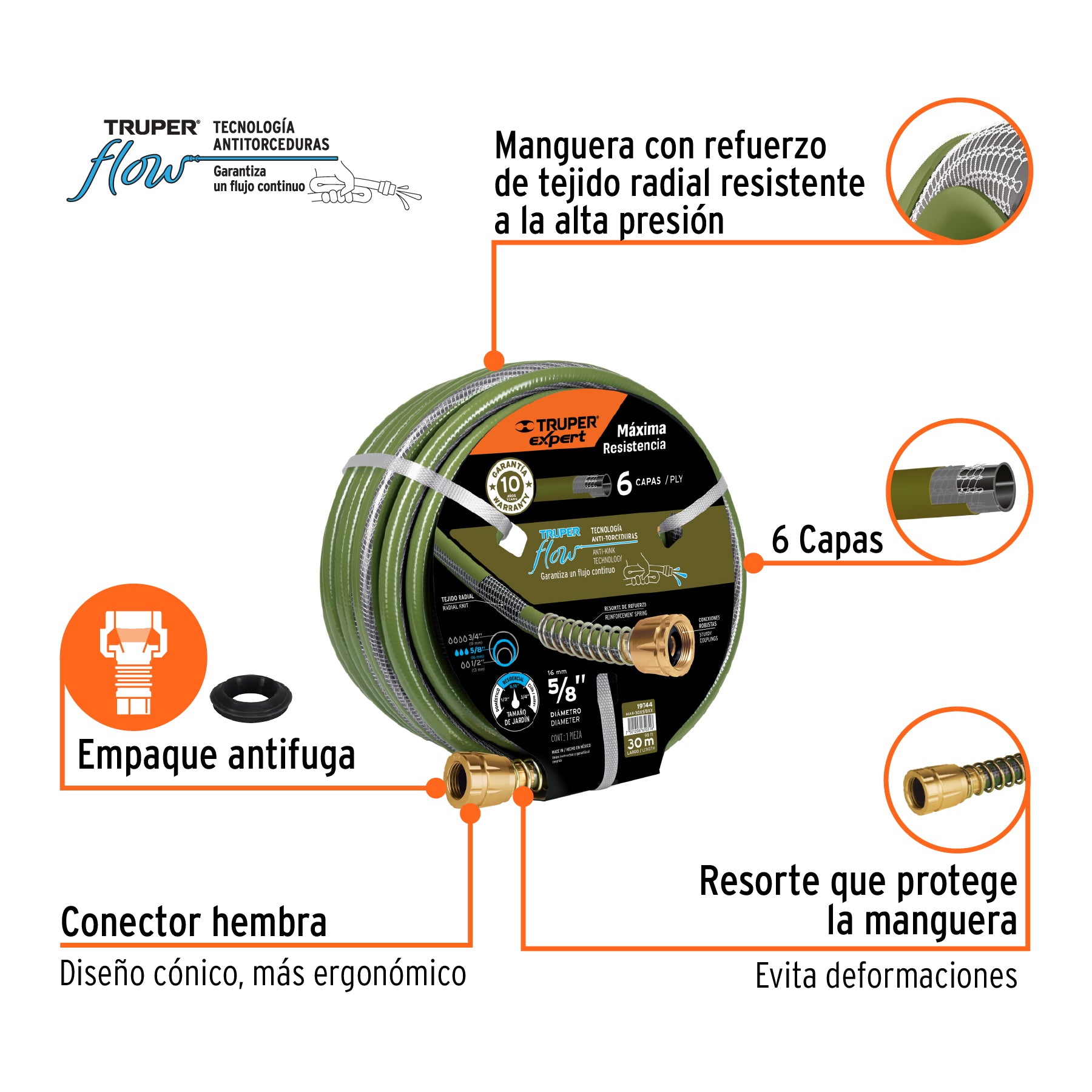 Manguera 5/8" anti-torceduras 6 capas 30m conexiones d/metal - 19744