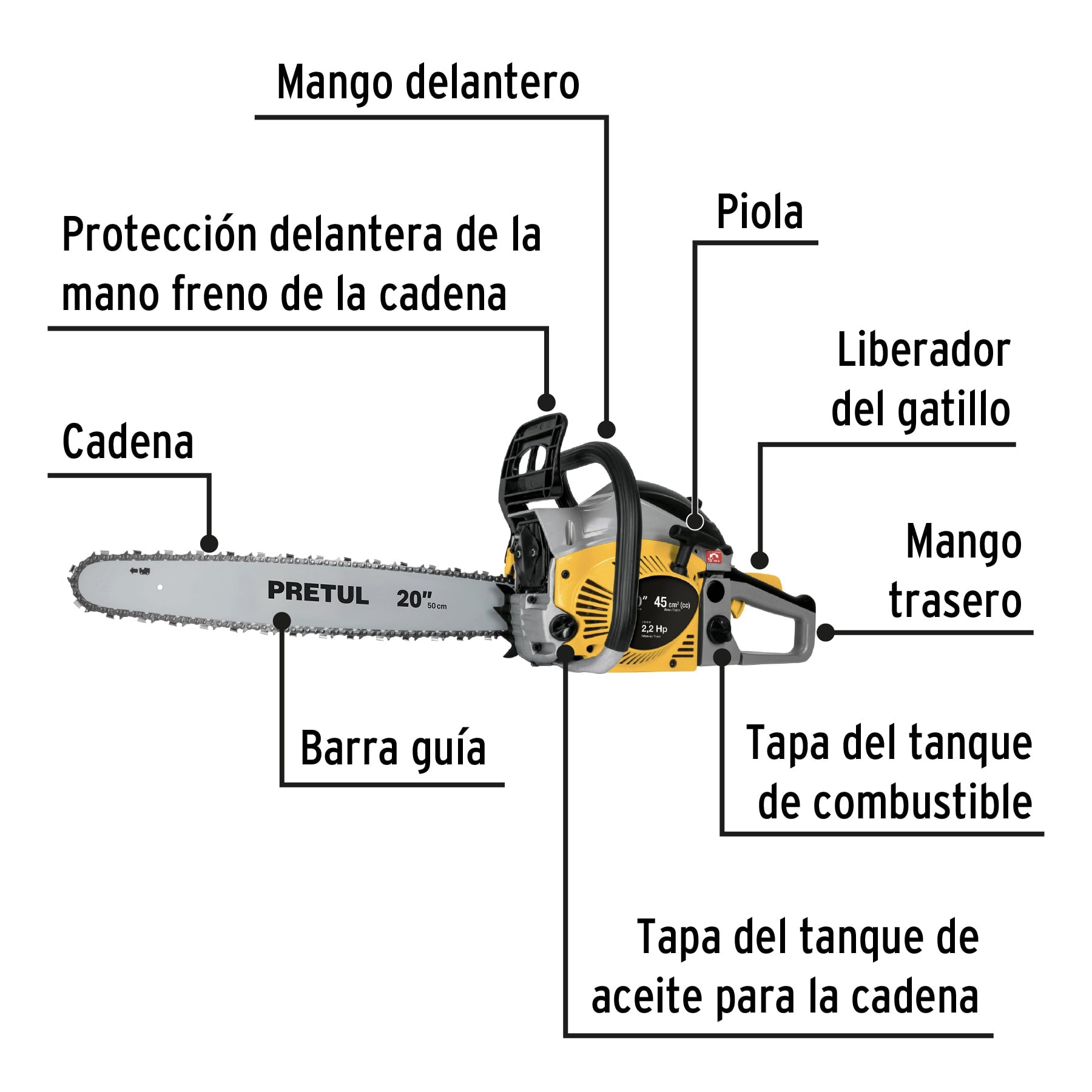 Motosierra 45 cc a gasolina con barra de 20", Pretul - 26015