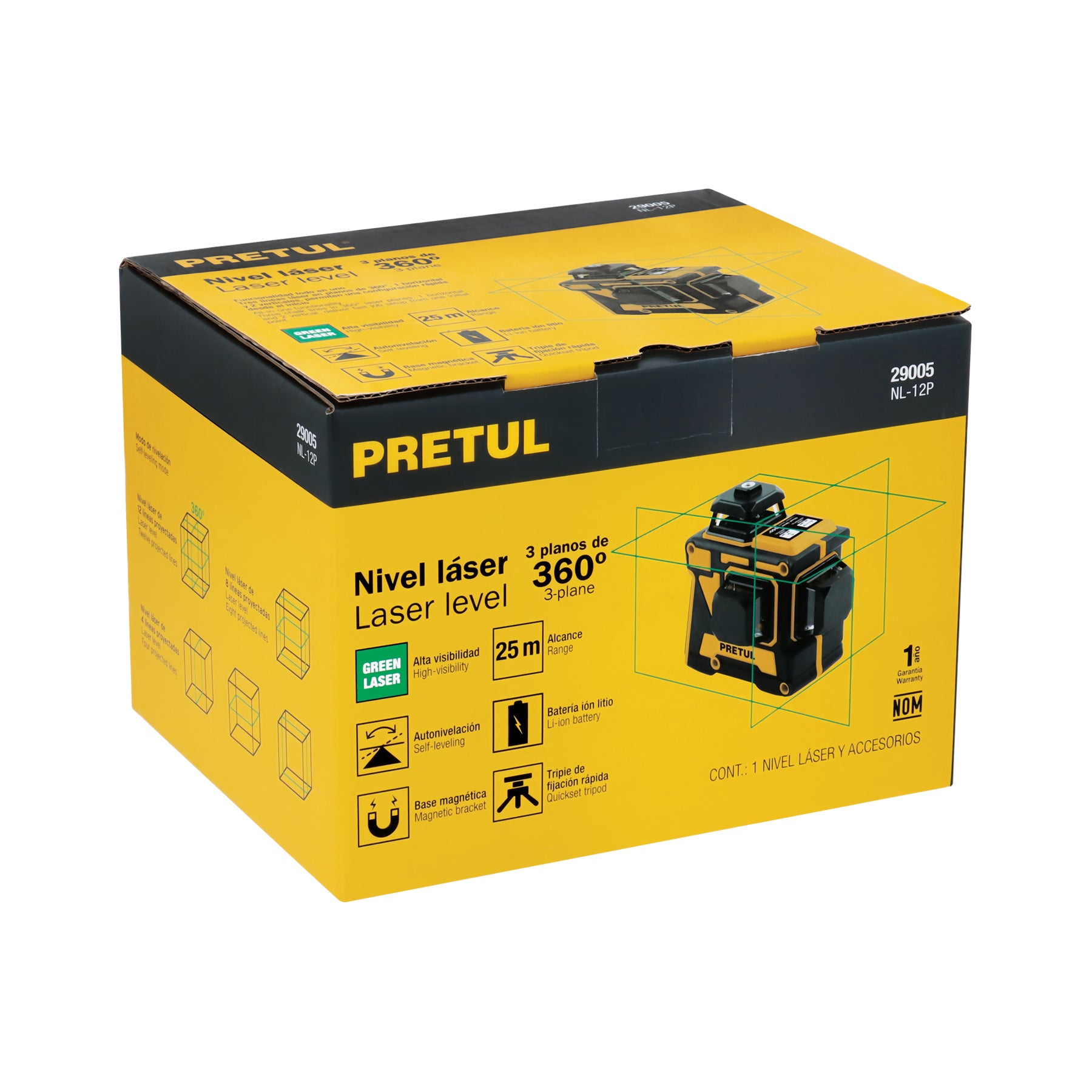 Nivel láser verde, alcance 25m, 12 líneas, recargable,PRETUL - 29005