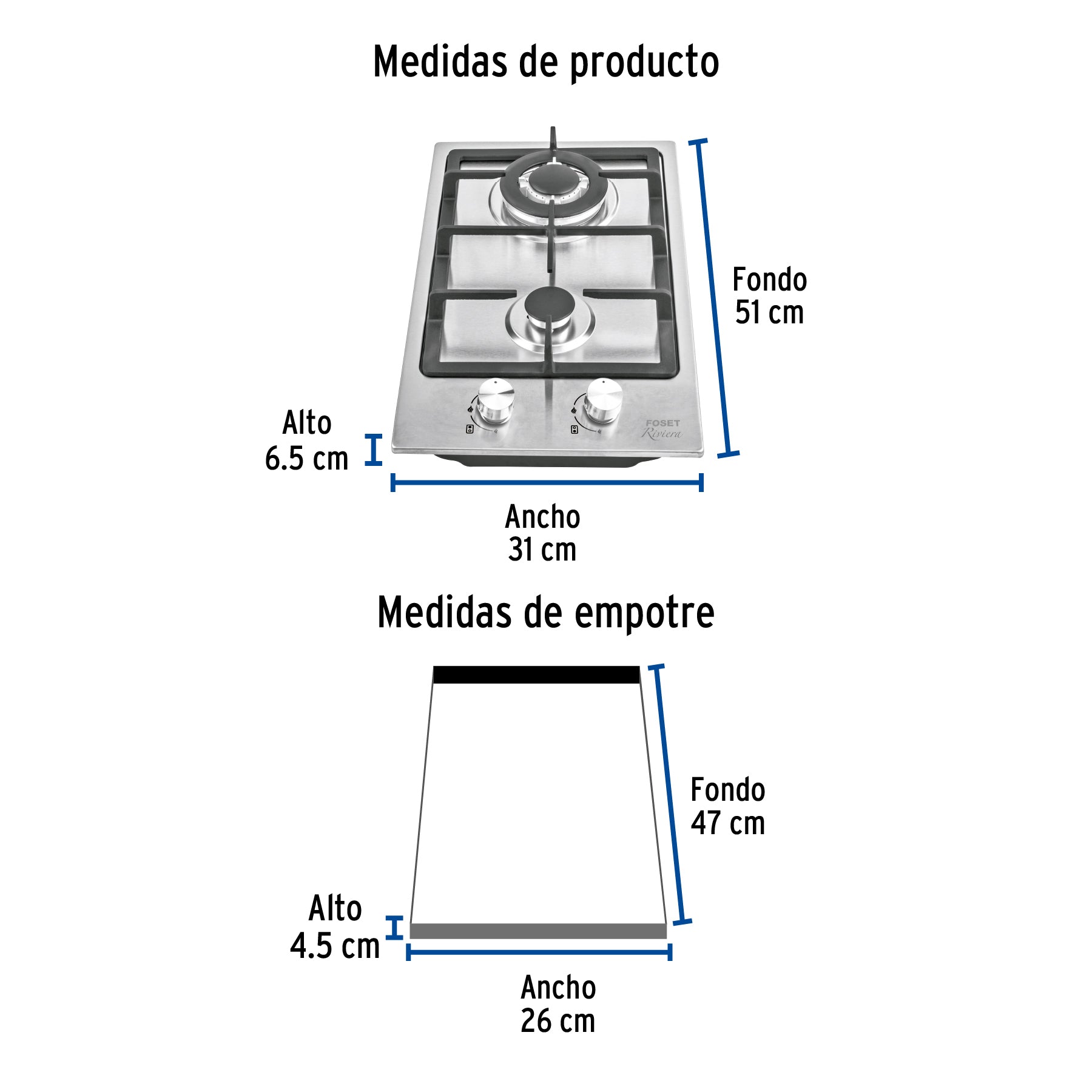 Parrilla gas empotrable 30cm, 2 quem, acero inox, RIVIERA - 48320