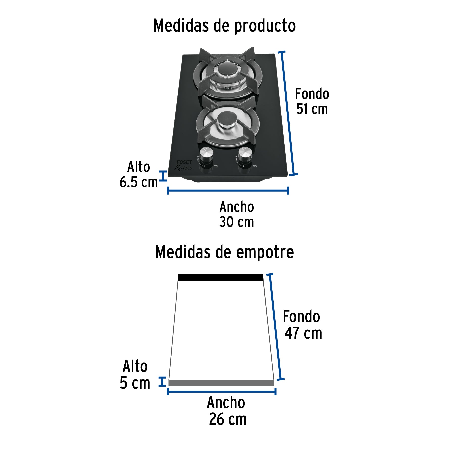 Parrilla gas empotrable 30cm, 2 quem, vidrio negro, RIVIERA - 46249