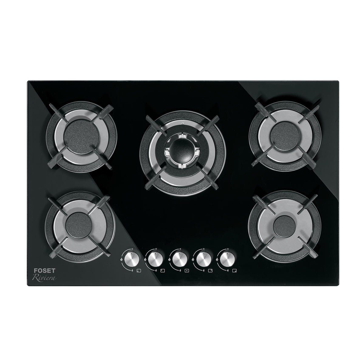 Parrilla gas empotrable 75cm, 5 quem, vidrio negro, RIVIERA - 48409
