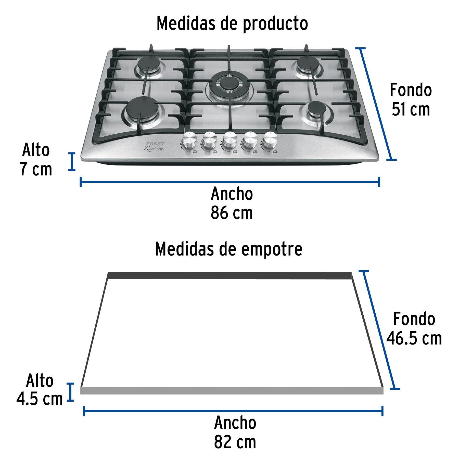 Parrilla gas empotrable 90cm, 5 quem, acero inox, RIVIERA - 48407
