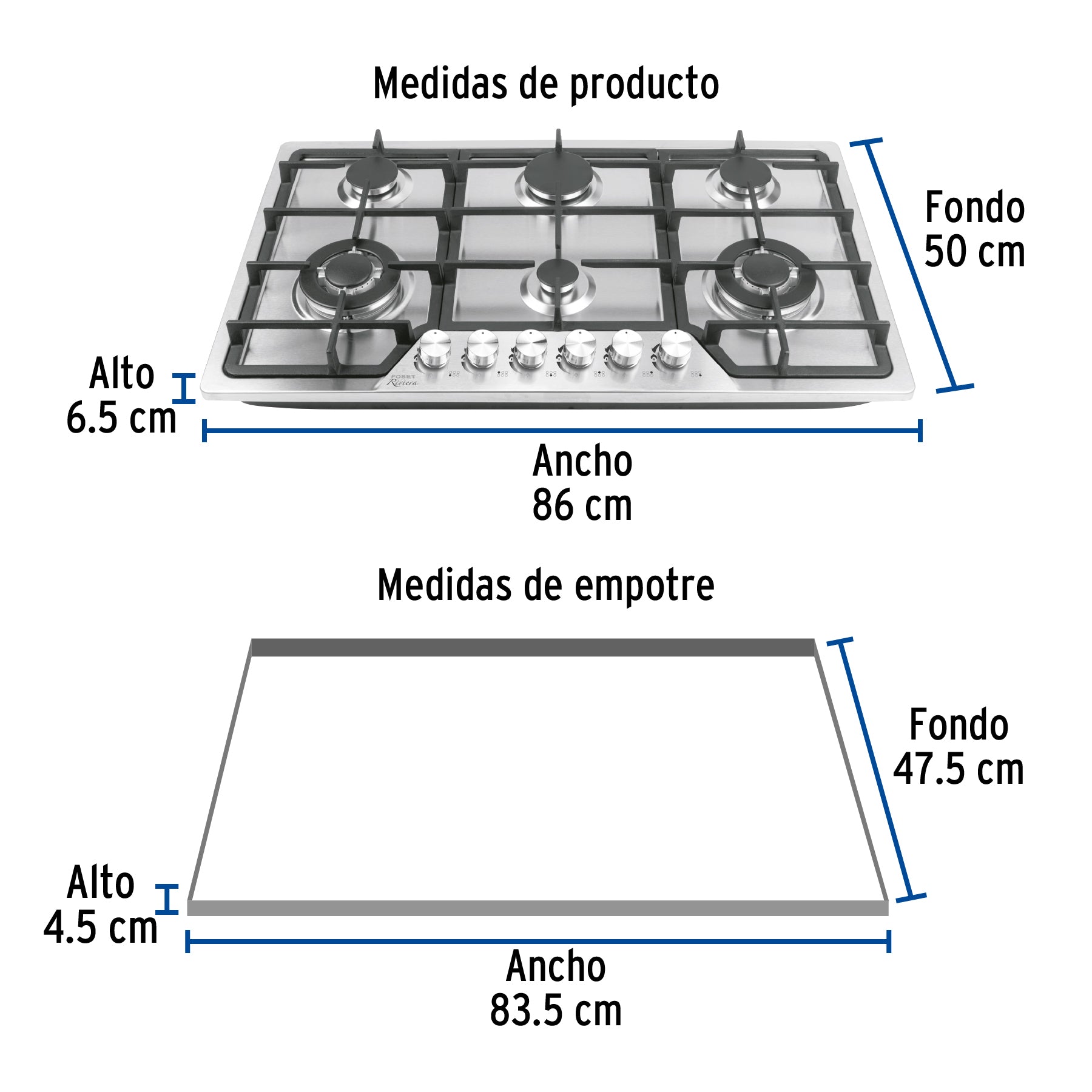 Parrilla gas empotrable 90cm, 6 quem, acero inox, RIVIERA - 48315