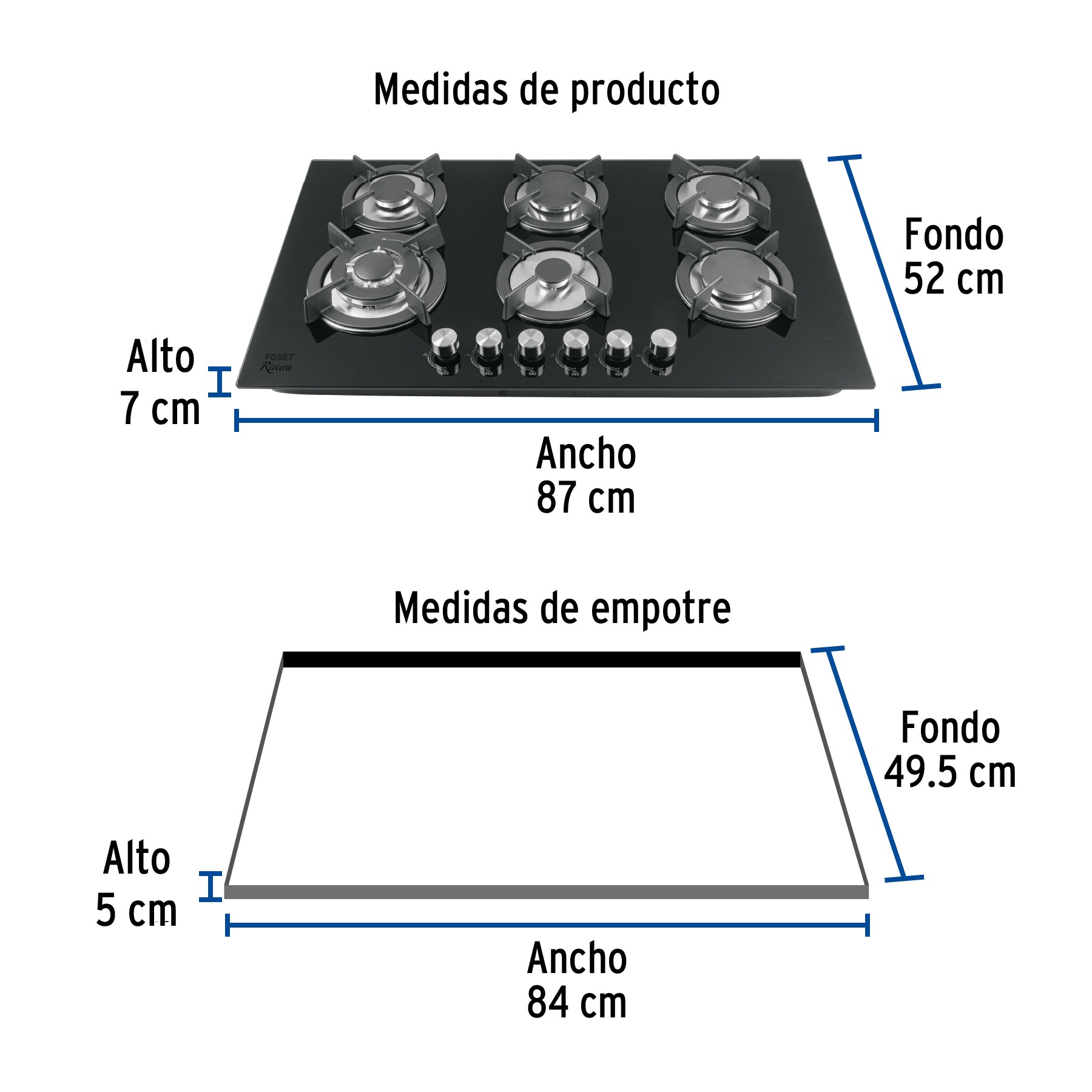 Parrilla gas empotrable 90cm, 6 quem, vidrio negro, RIVIERA - 46247