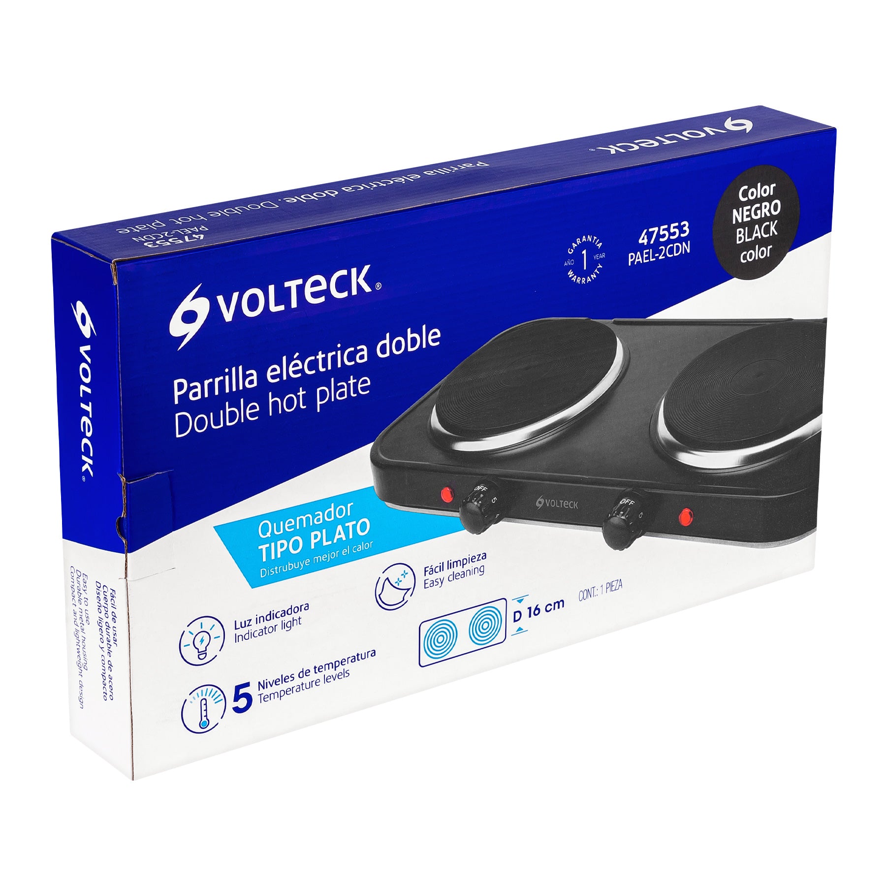 Parrilla eléctrica 2 quemadores de disco, negra, VOLTECK - 47553