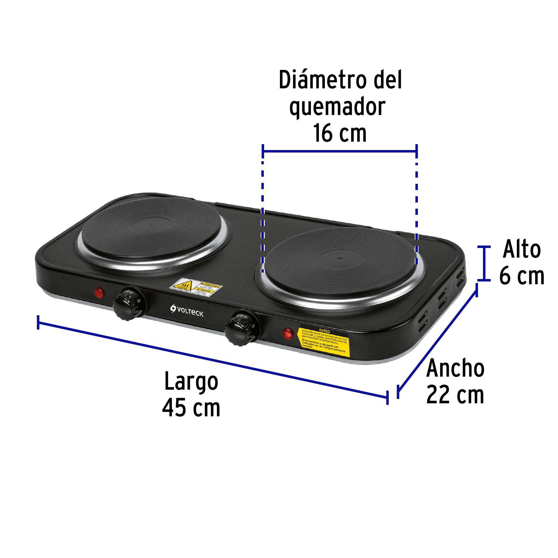 Parrilla eléctrica 2 quemadores de disco, negra, VOLTECK - 47553