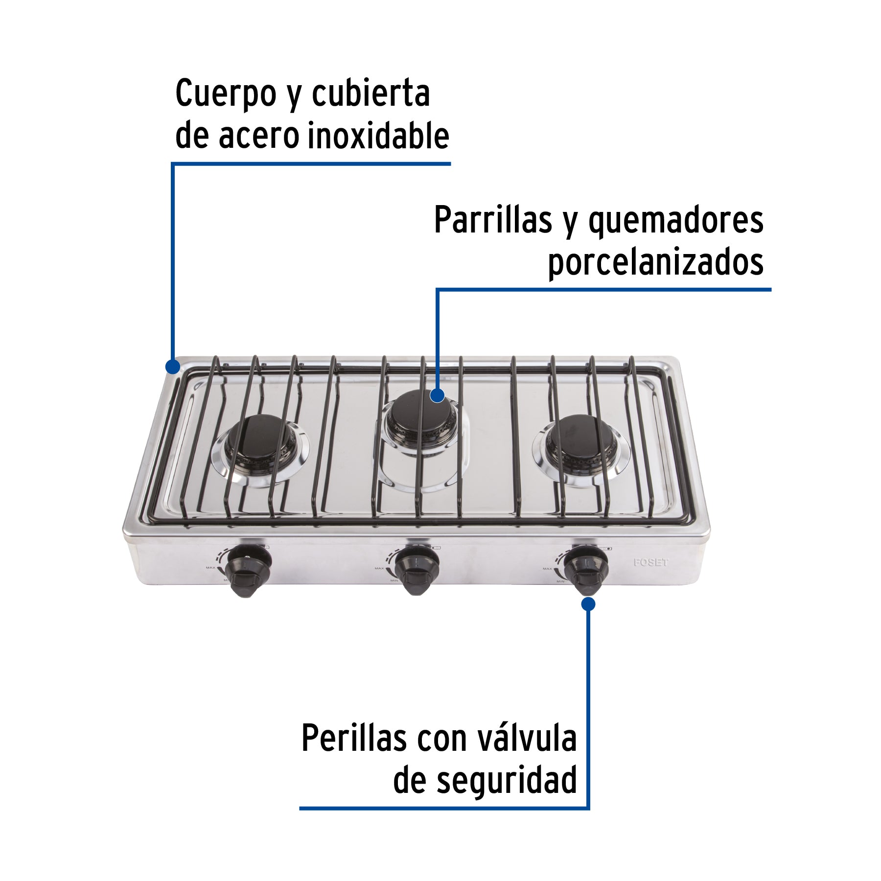 Parrilla de gas de sobreponer 3 quemadores, inox, FOSET - 47920