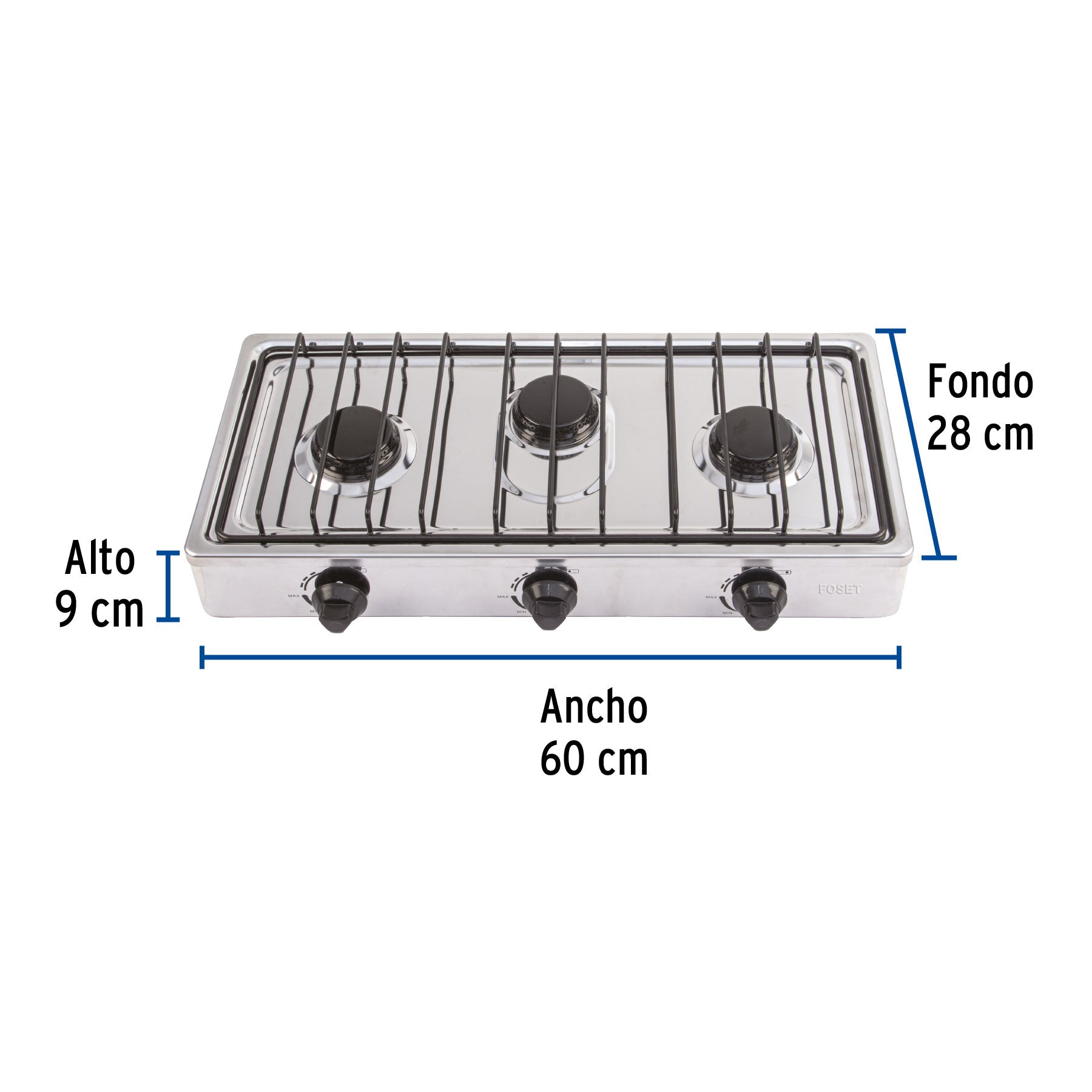 Parrilla de gas de sobreponer 3 quemadores, inox, FOSET - 47920