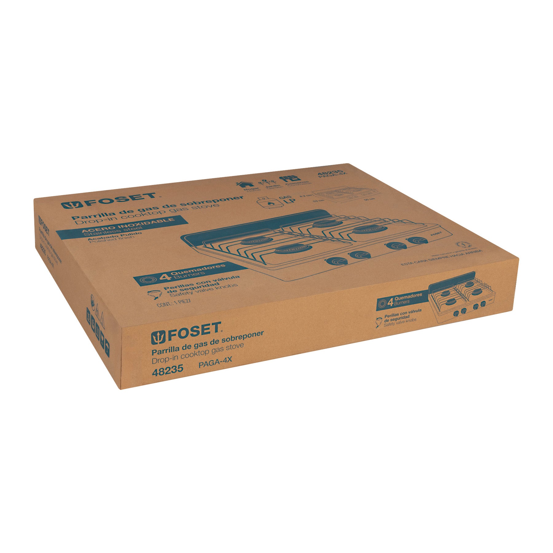 Parrilla de gas de sobreponer 4 quemadores, inox, FOSET - 48235
