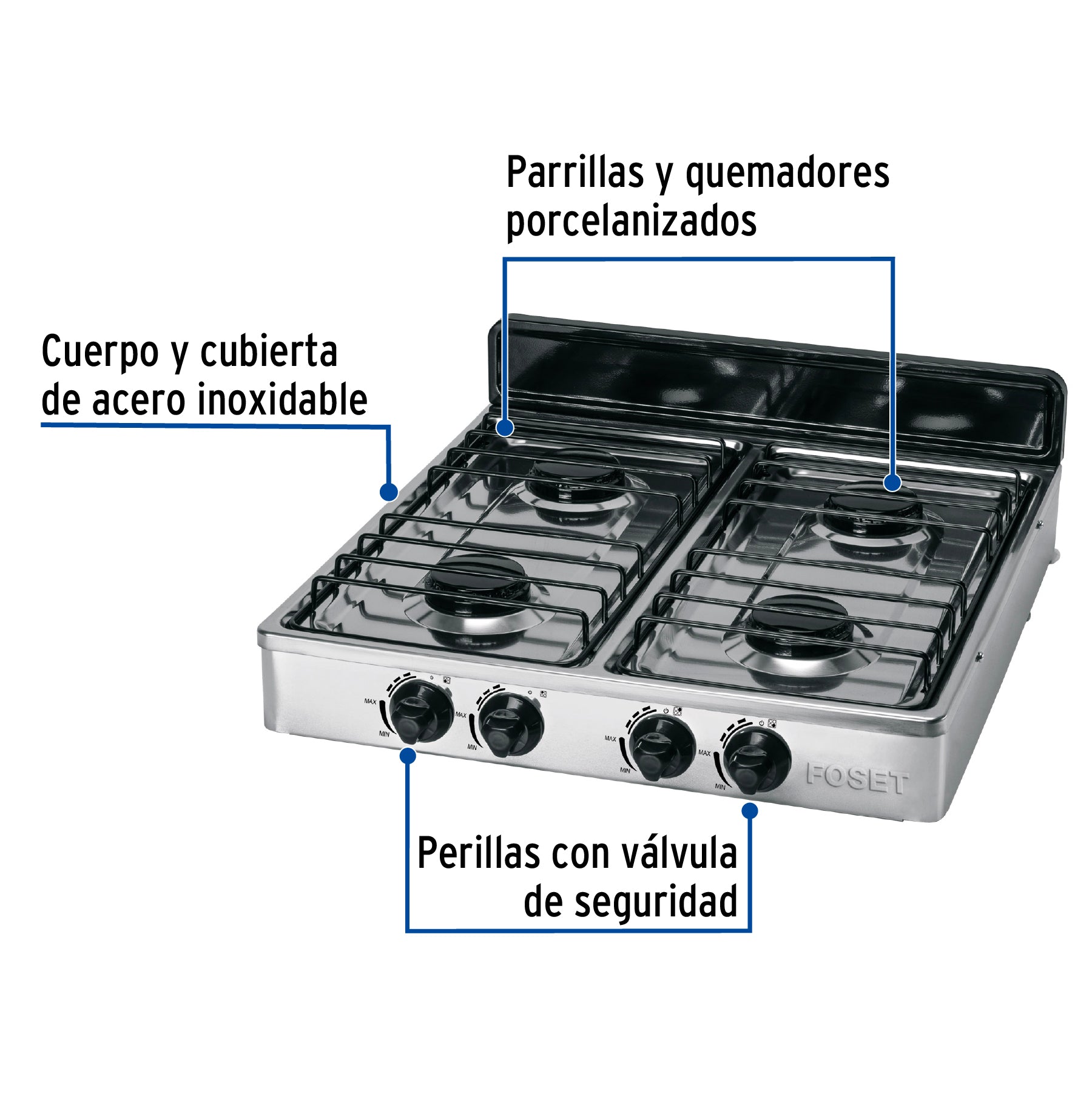 Parrilla de gas de sobreponer 4 quemadores, inox, FOSET - 48235