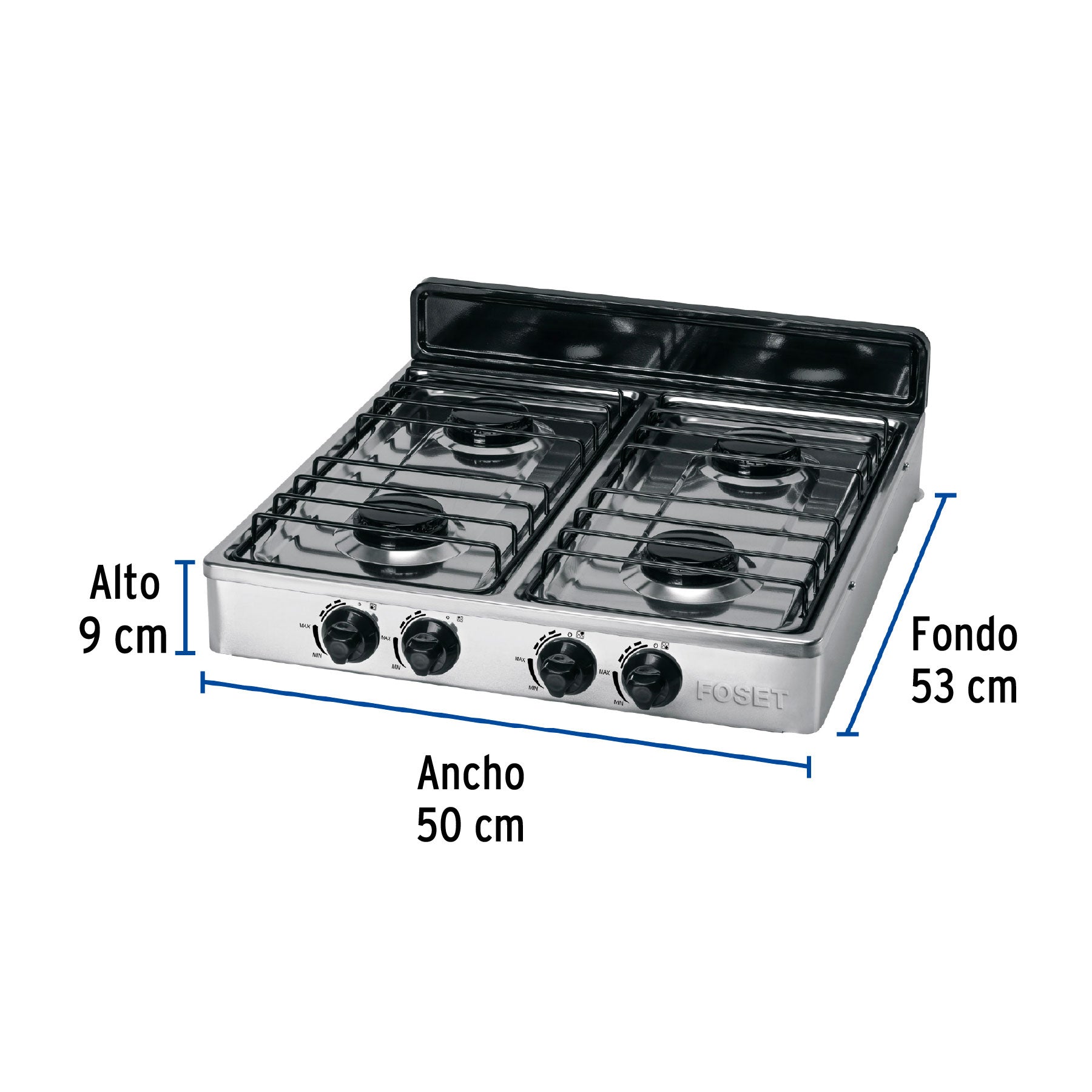 Parrilla de gas de sobreponer 4 quemadores, inox, FOSET - 48235