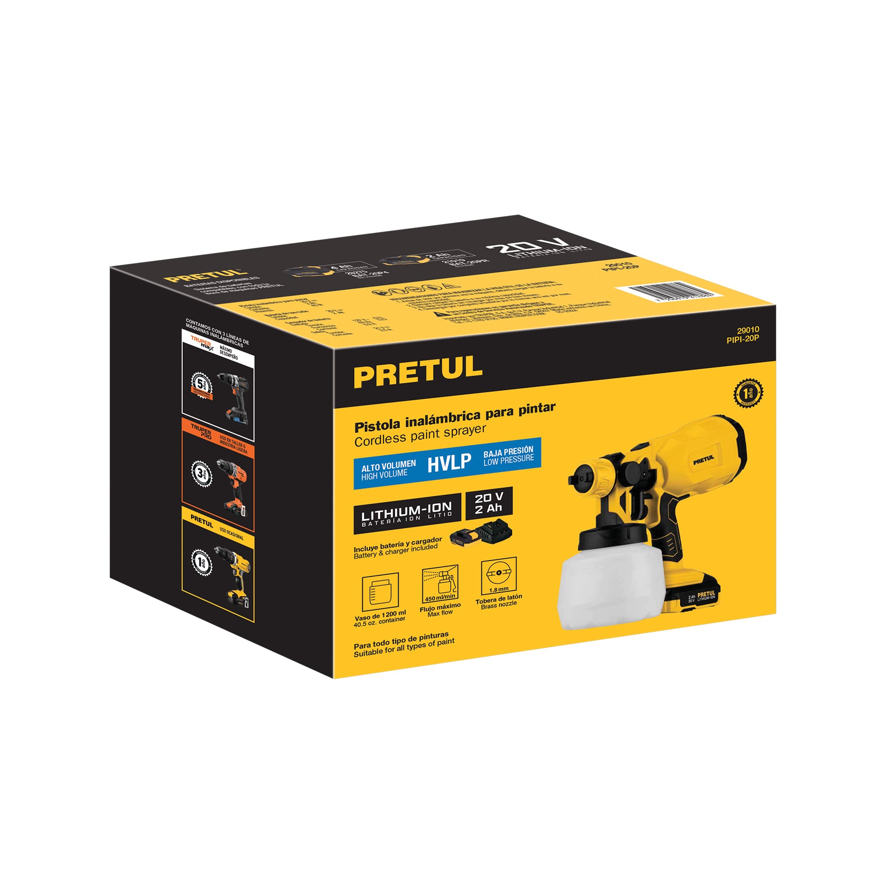 Pistola para pintar, 20V, 1 batería 2Ah, PRETUL - 29010