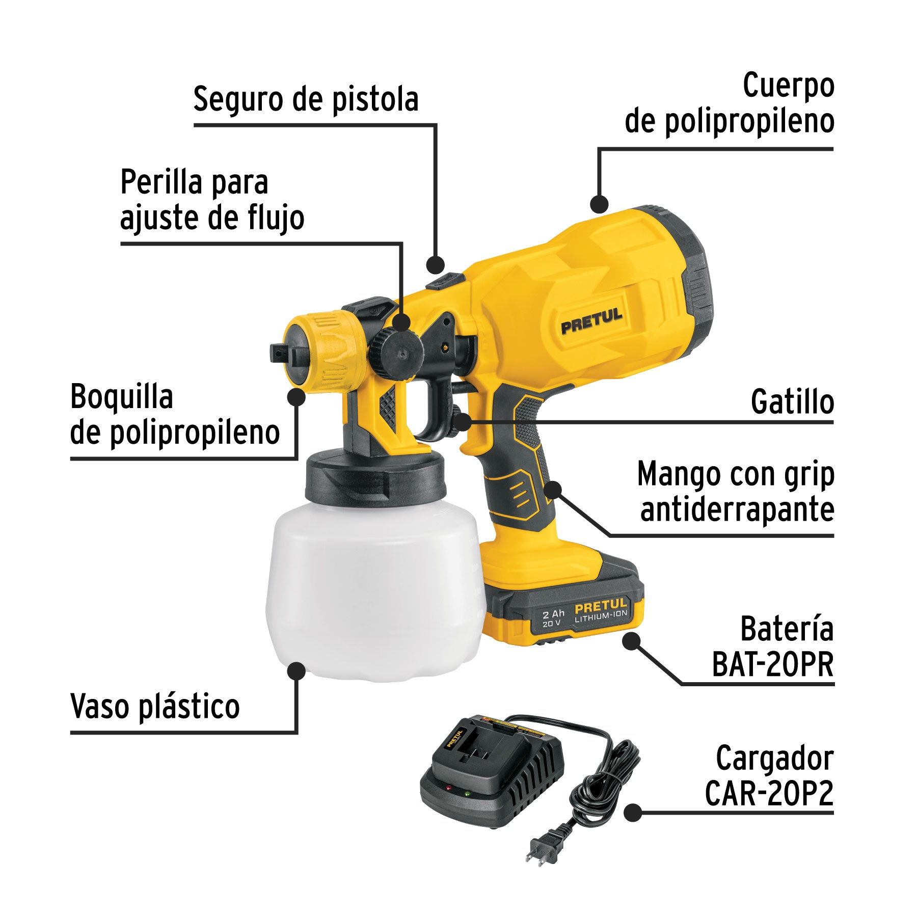 Pistola para pintar, 20V, 1 batería 2Ah, PRETUL - 29010