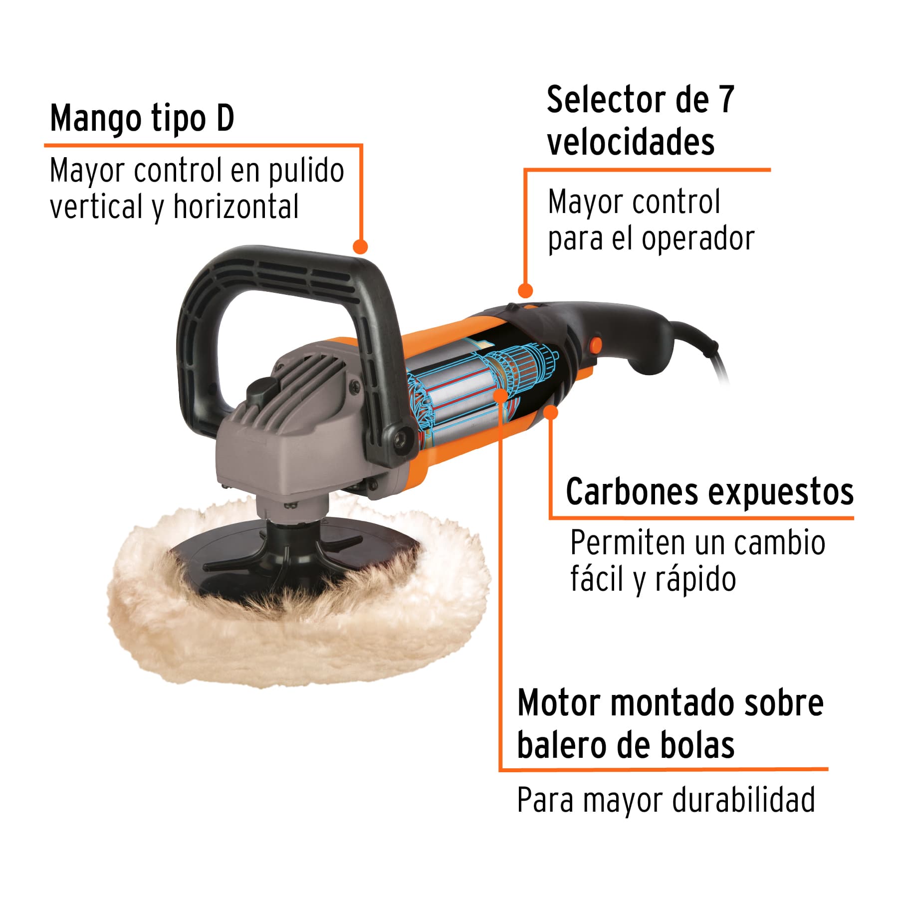 Pulidora velocidad variable 7", 1200W, TRUPER PRO - 16626