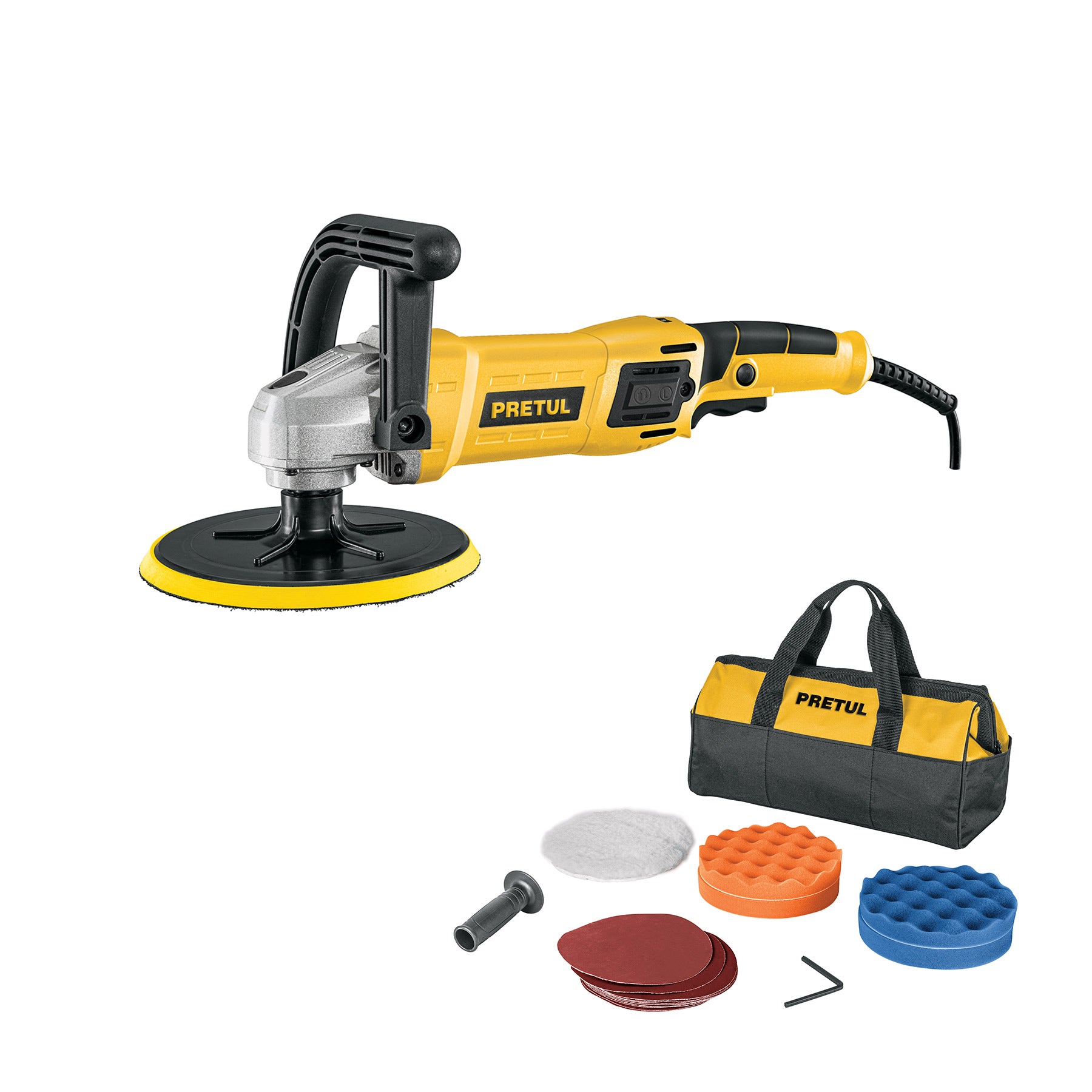 Pulidora velocidad variable 7" 1200W, c/accesorios, PRETUL - 28151