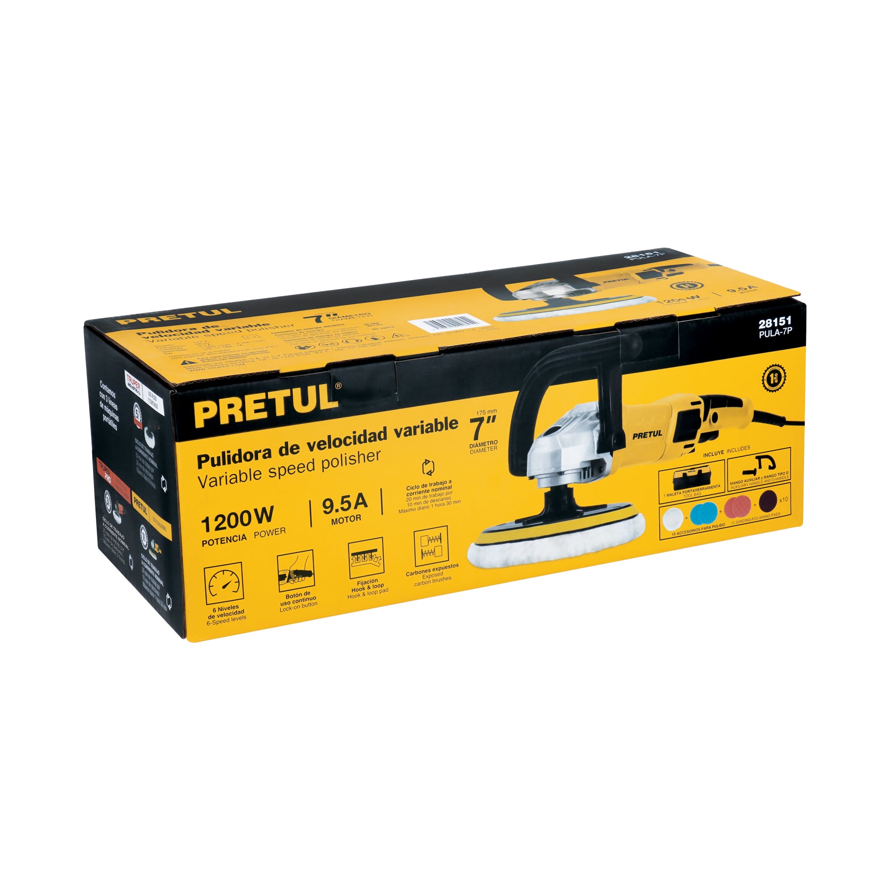 Pulidora velocidad variable 7" 1200W, c/accesorios, PRETUL - 28151