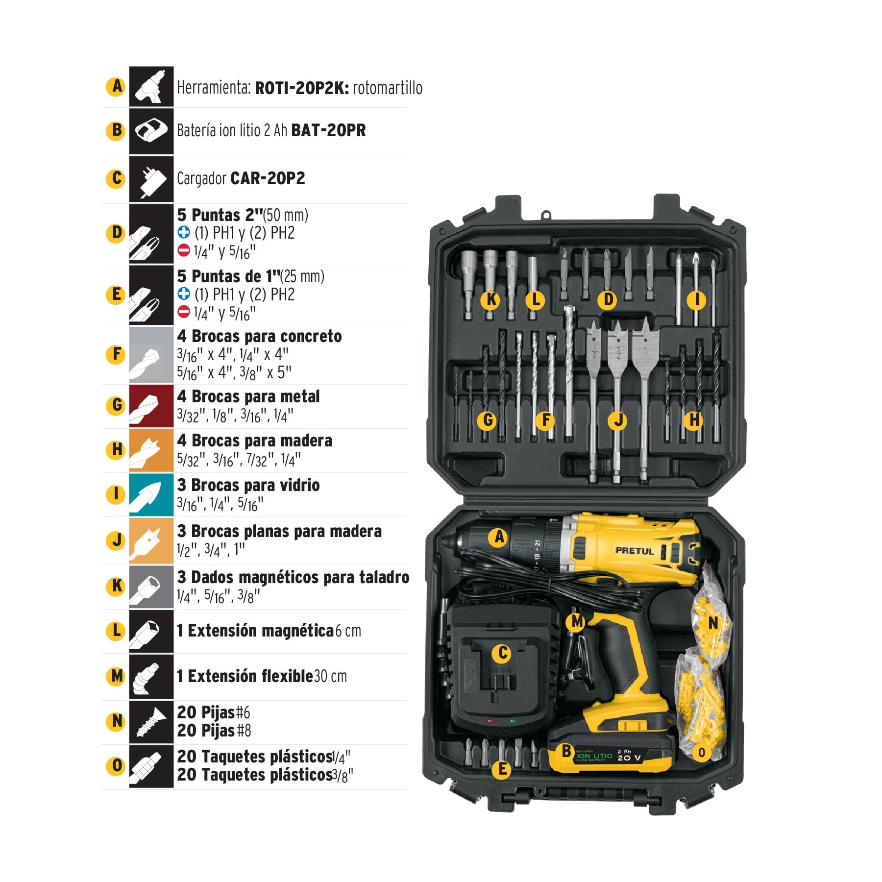 Kit rotomartillo 1/2", 20V, 32 accesorios, PRETUL - 29000