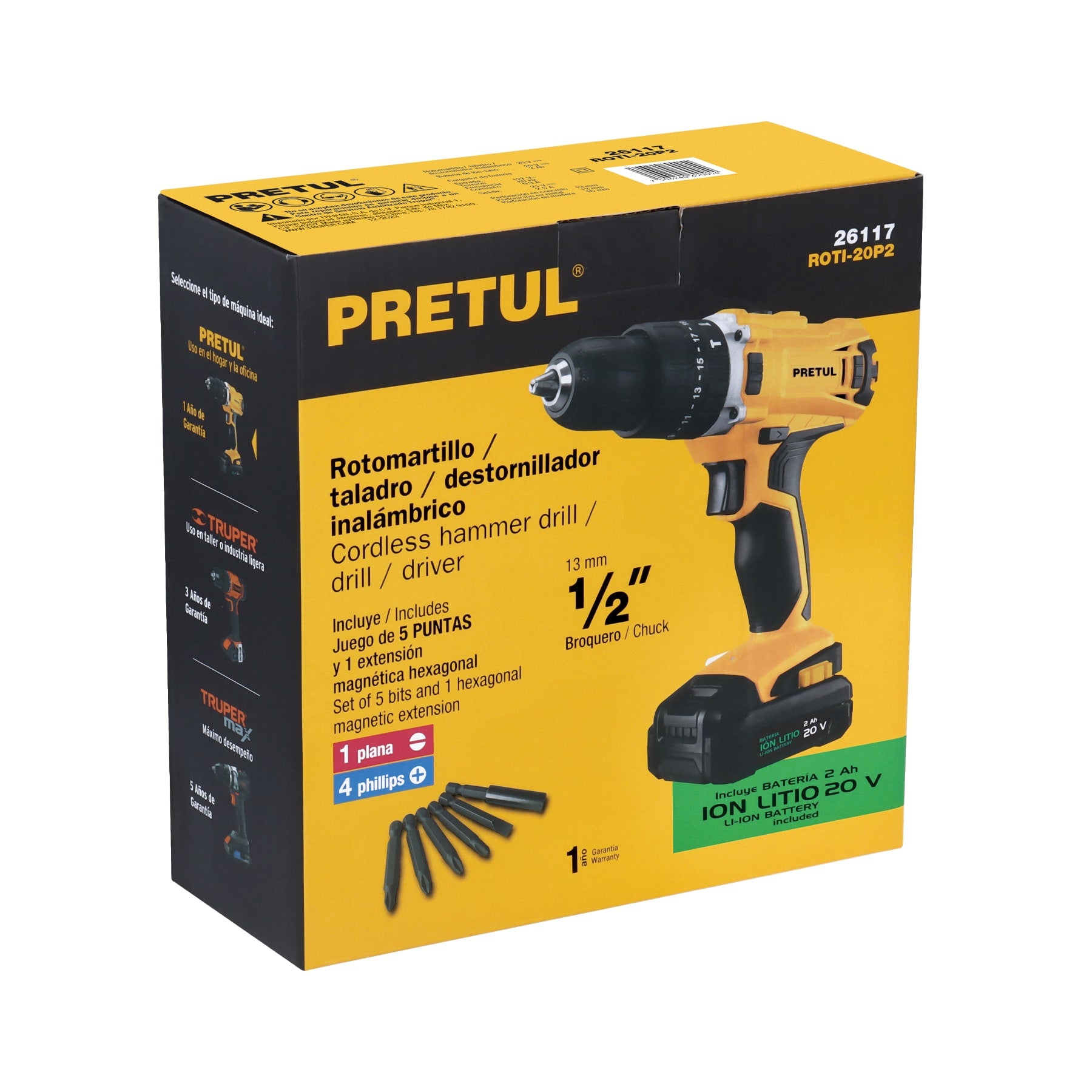 Rotomartillo 1/2", 20V, 1 batería 2Ah, PRETUL - 26117