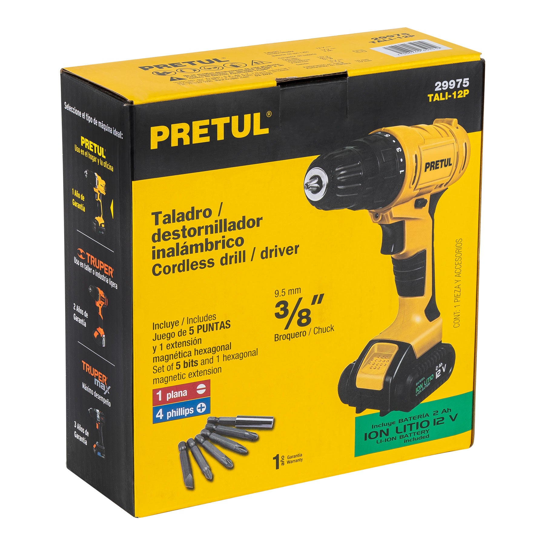 Taladro 3/8", 12V, 1 batería 2Ah, PRETUL - 29975