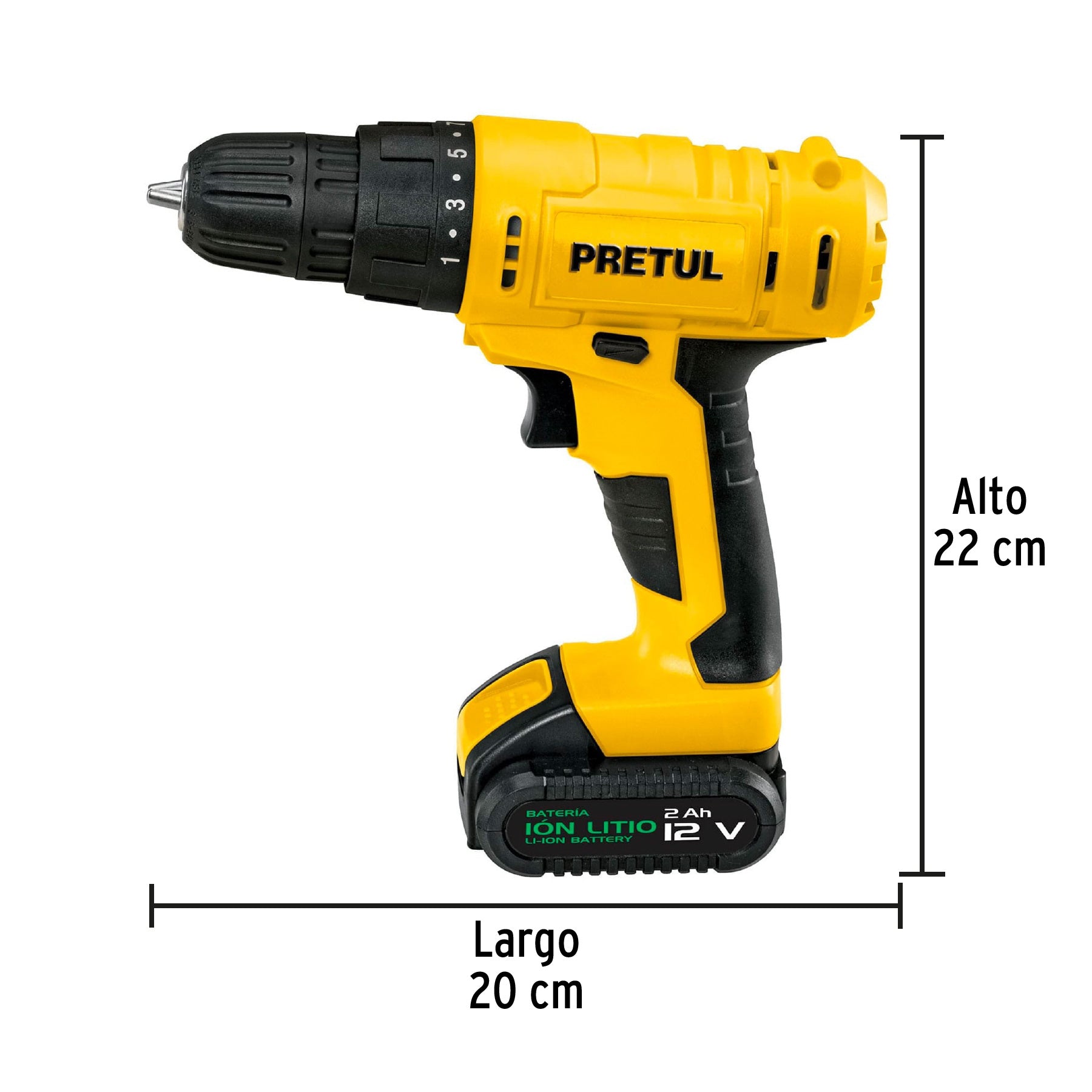 Taladro 3/8", 12V, 1 batería 2Ah, PRETUL - 29975