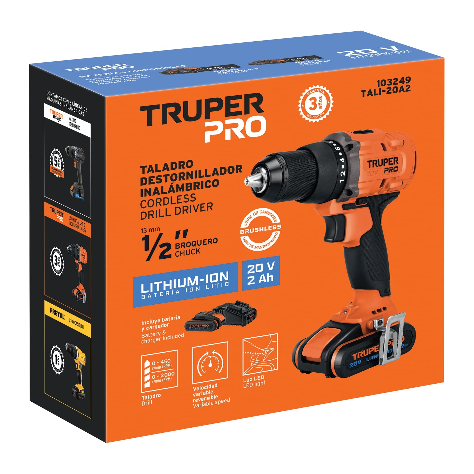 Taladro 1/2", 20V, 1 batería 2Ah, TRUPER PRO - 103249