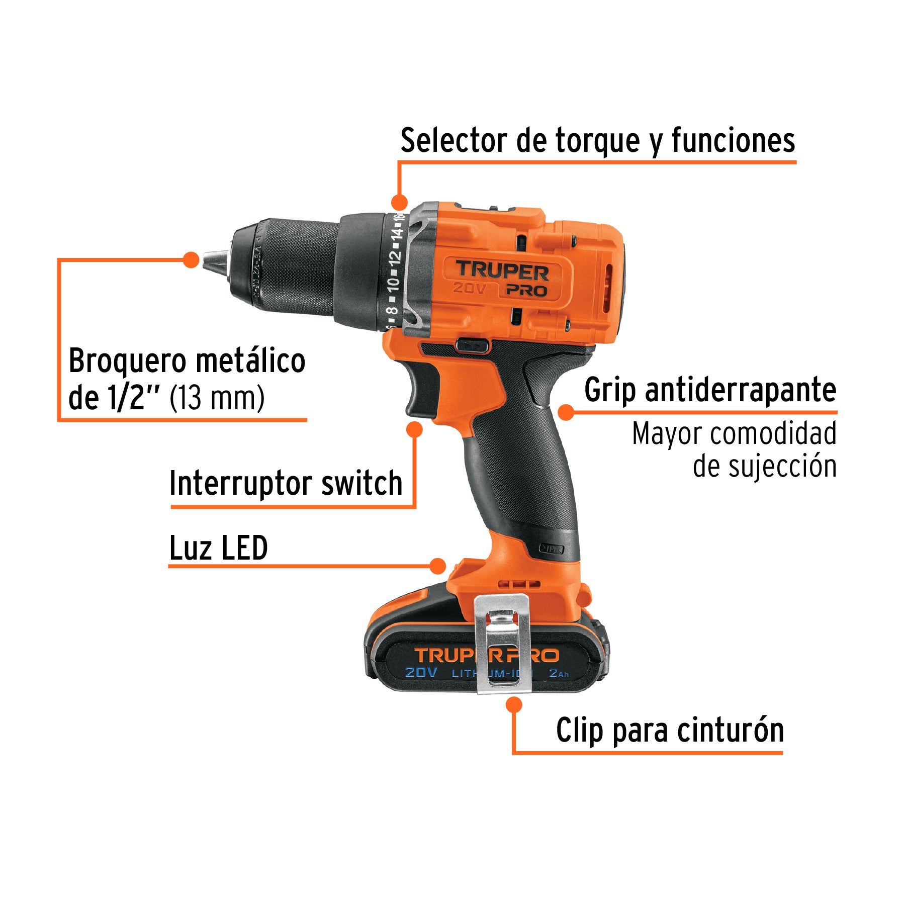 Taladro 1/2", 20V, 1 batería 2Ah, TRUPER PRO - 103249