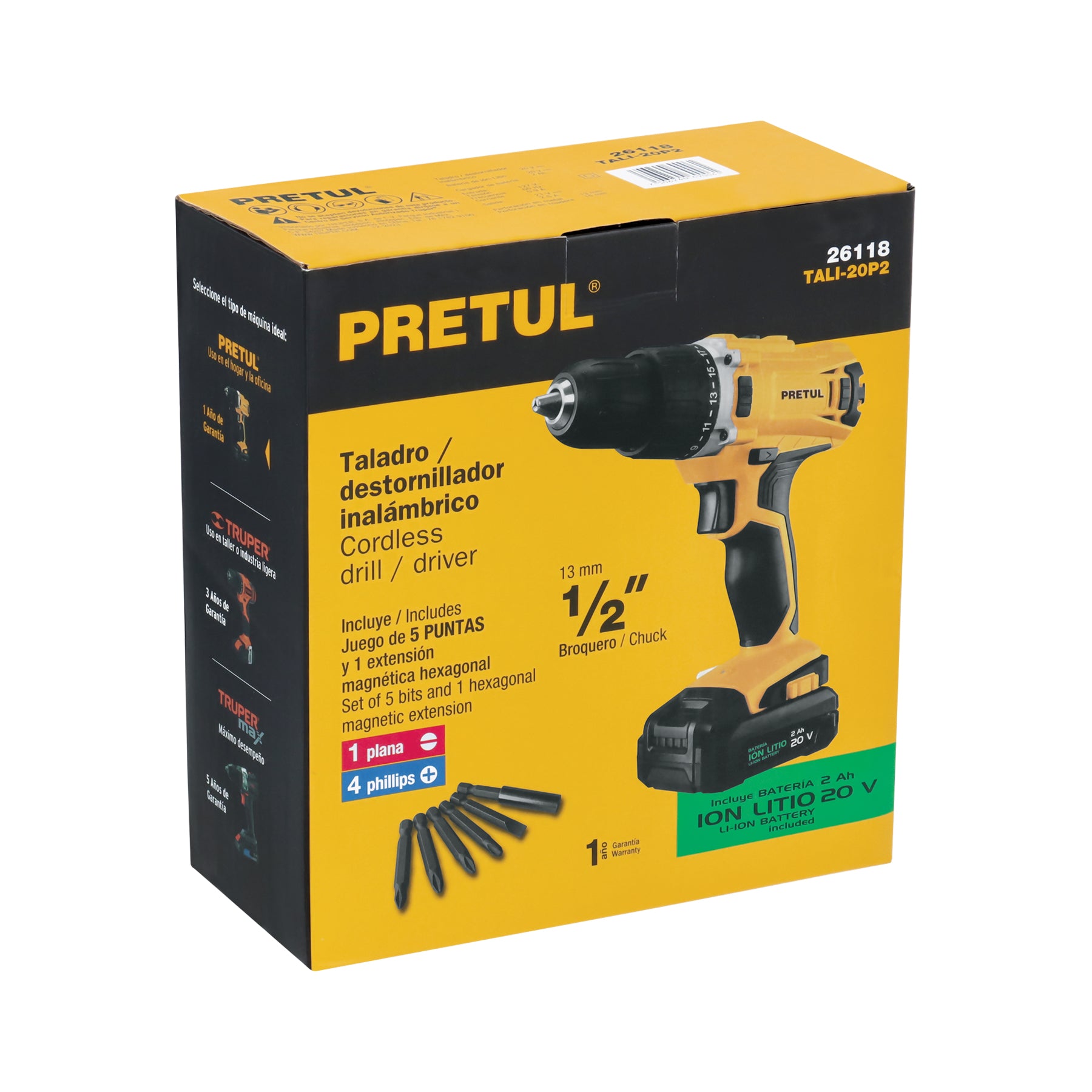 Taladro 1/2", 20V, 1 batería 2Ah, PRETUL - 26118