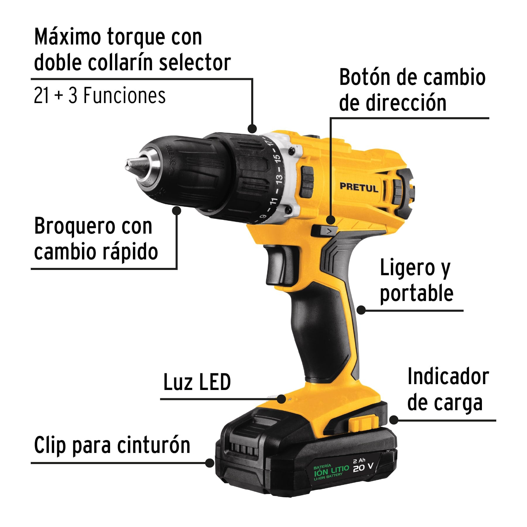 Taladro 1/2", 20V, 1 batería 2Ah, PRETUL - 26118